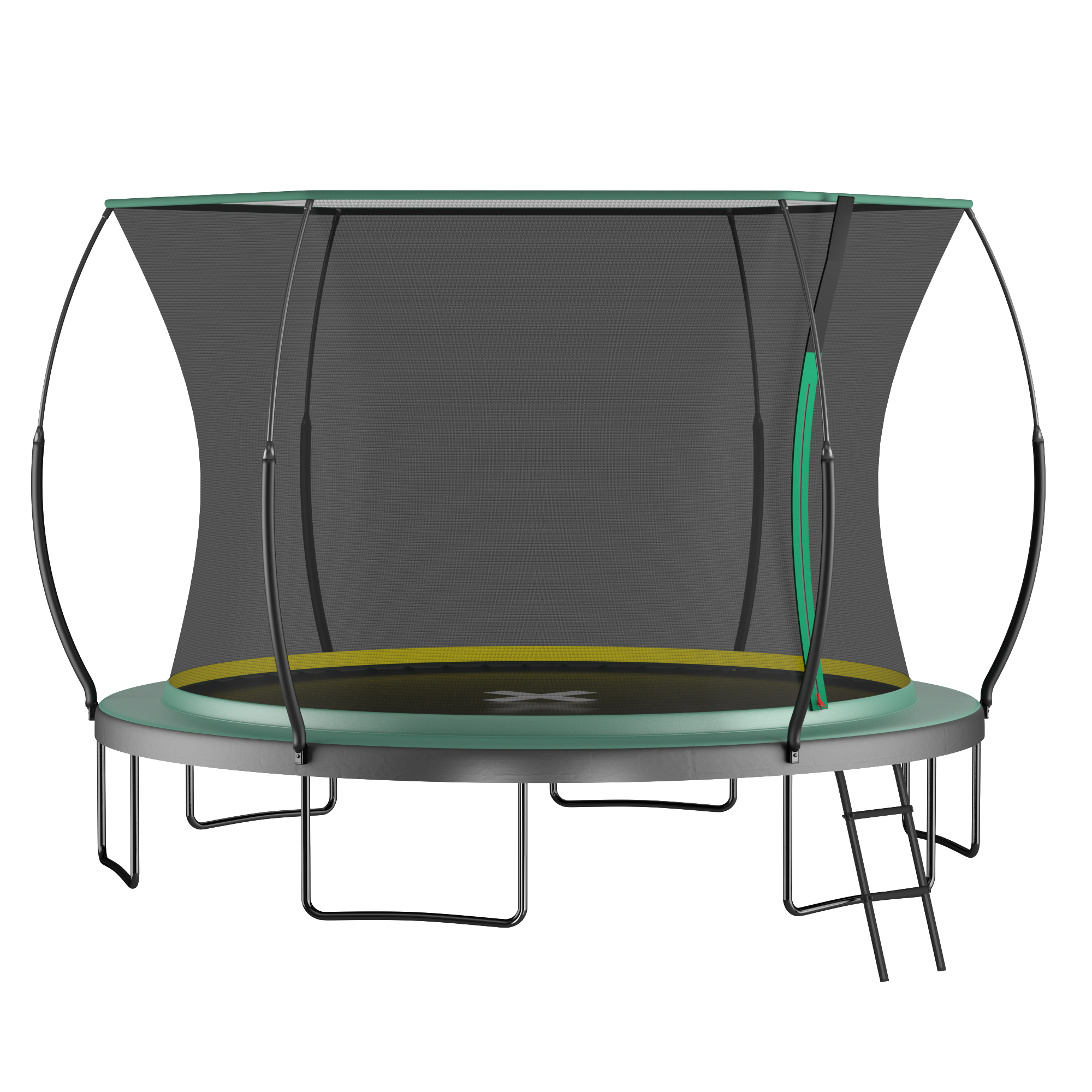 Green trampoline flexible fiberglass net poles and tension-fixed net close-up