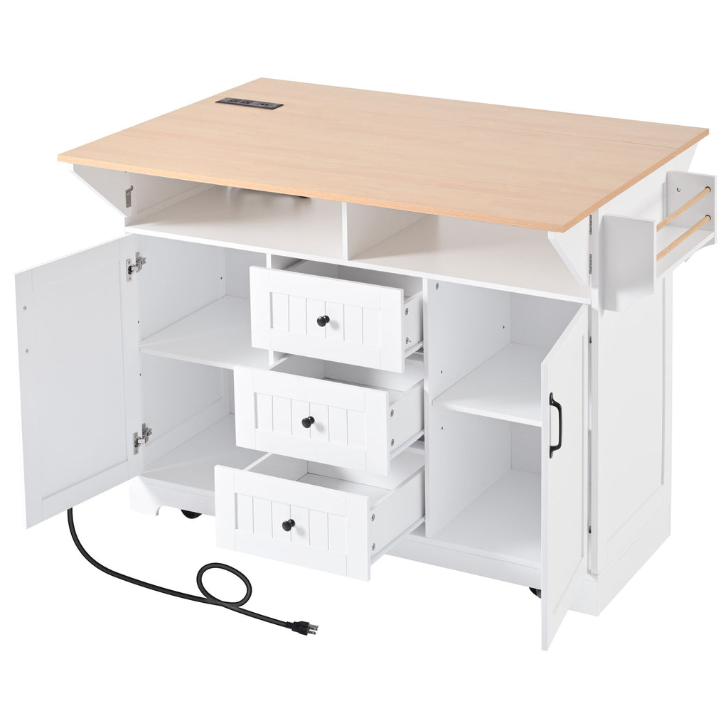 K&K 55.7'' Large Kitchen Island with 2 Drop Leaf,, Rolling Kitchen Cart on 5 Wheels with Power Outlet, Folding Storage Dining Table with Spice & Towel Rack , 3 Drawers, for Kitchen, Dining Room,Black