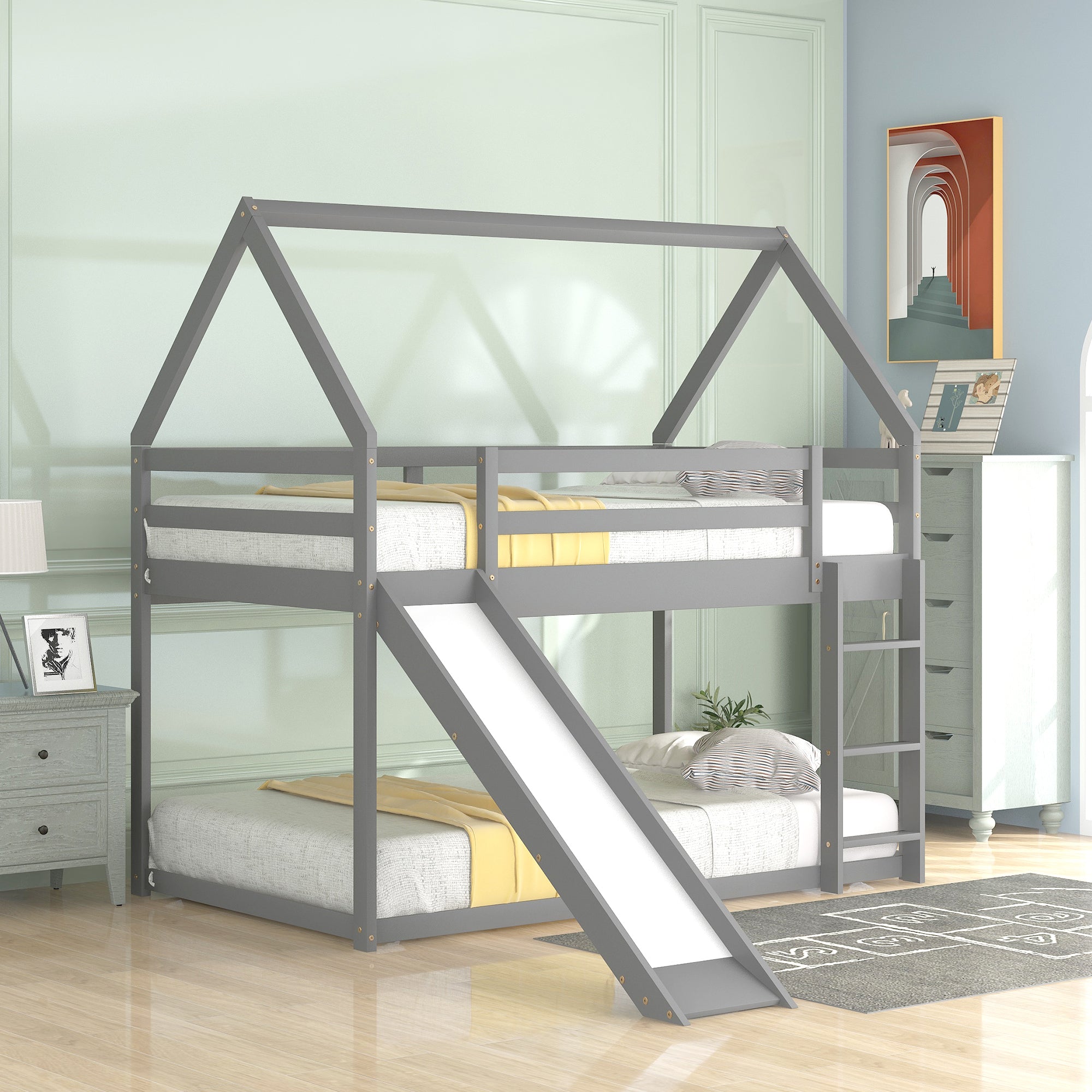 Twin over twin house bunk bed window cutout detail
