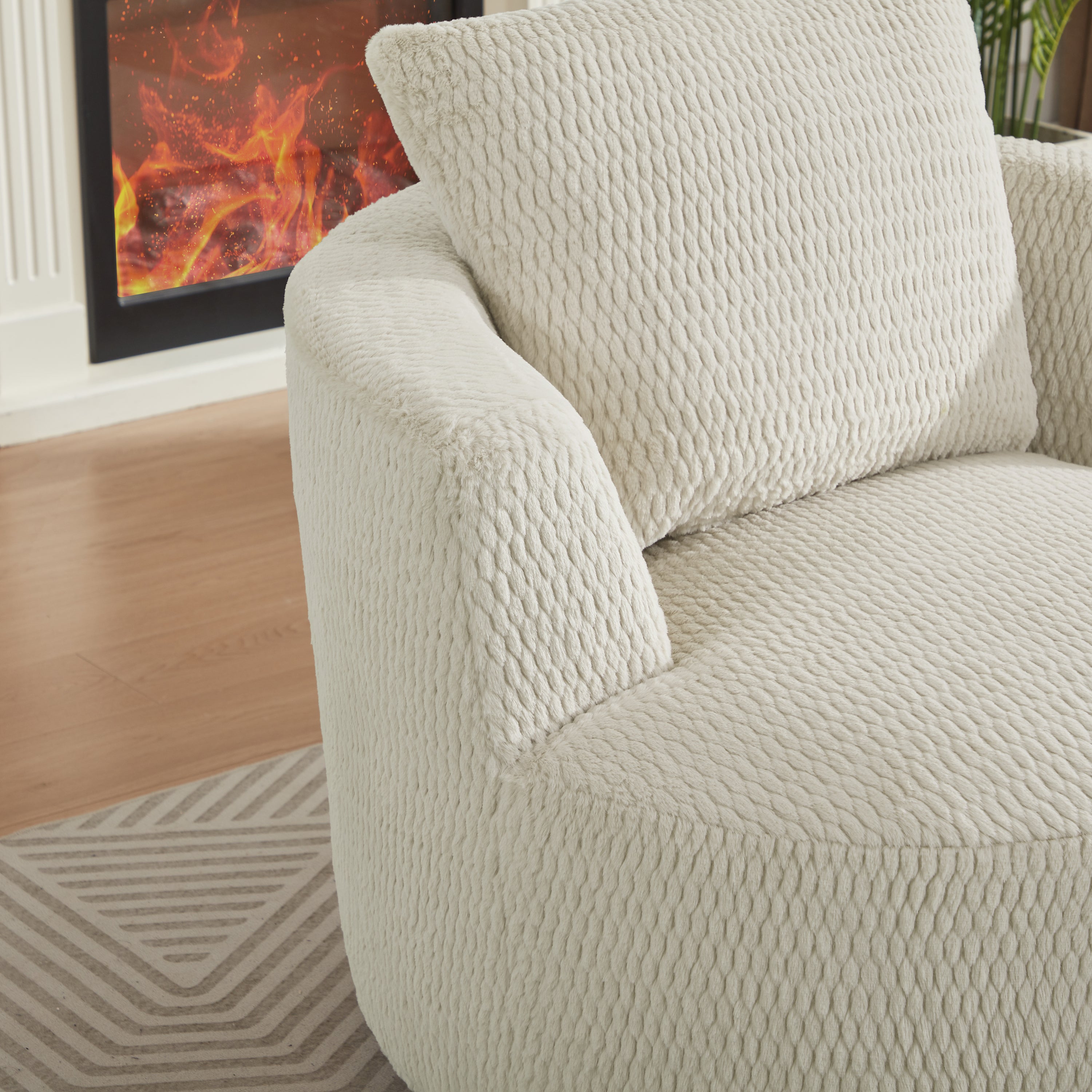 Swivel accent chair wooden base detail