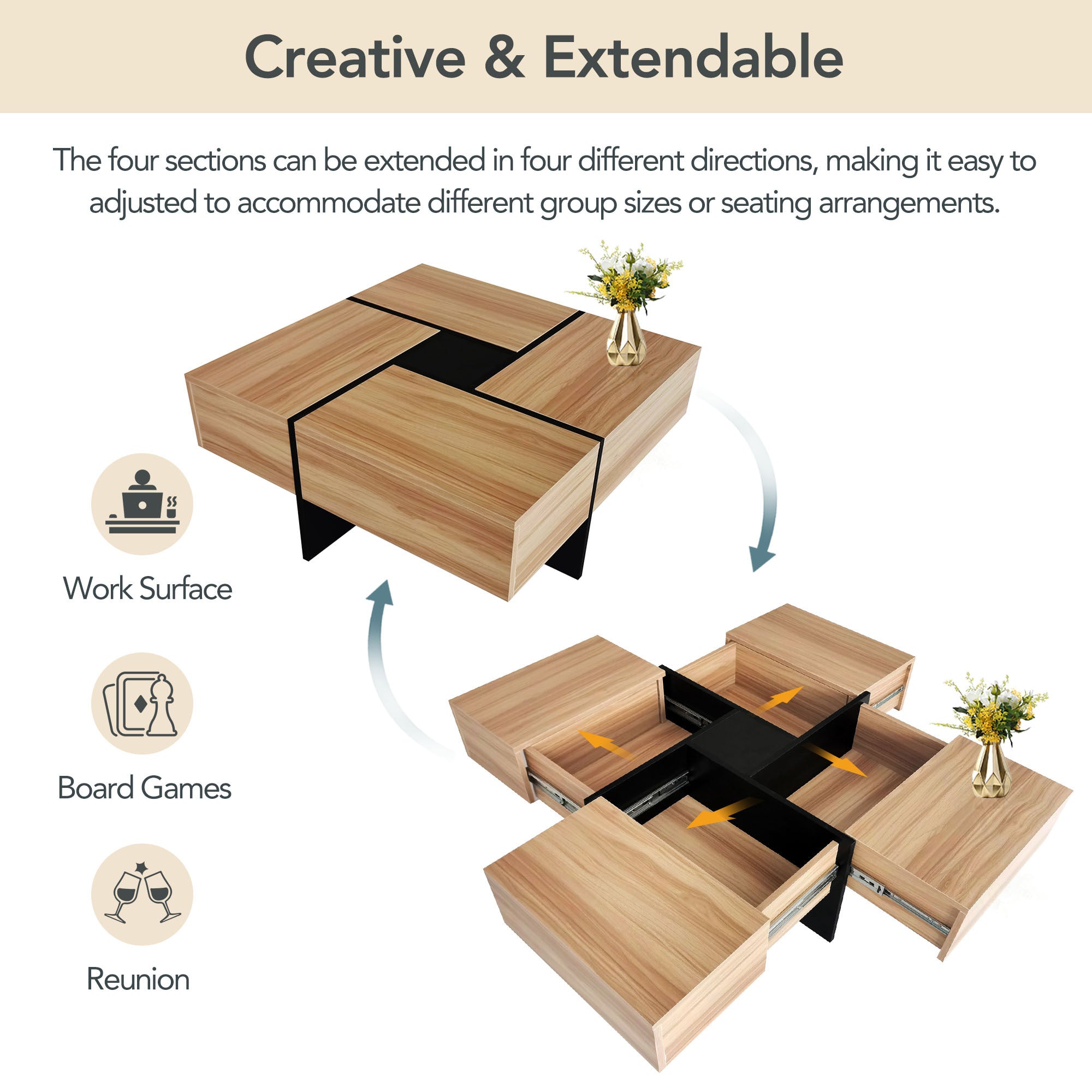 Brown square center table extendable sections detail