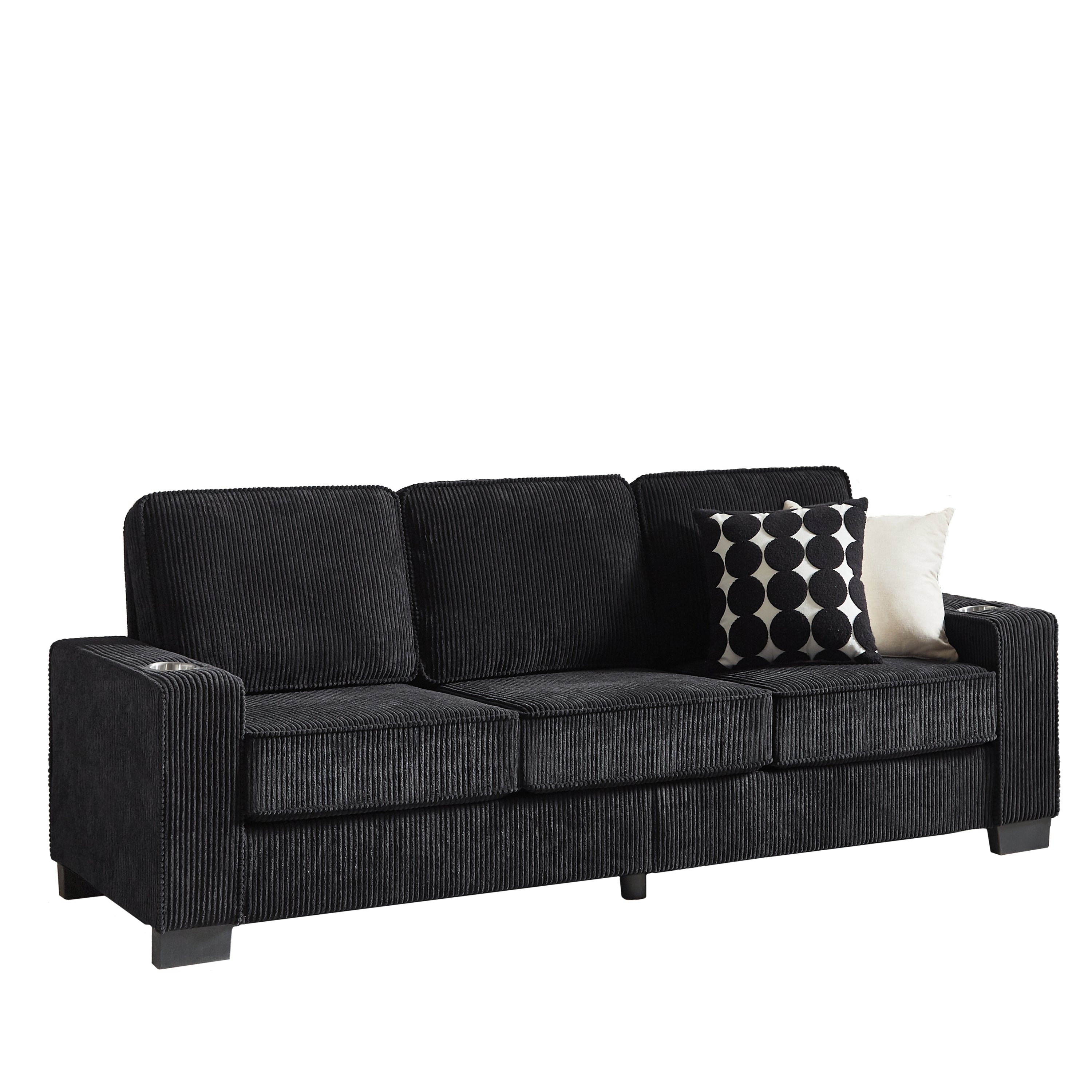 Black corduroy compressed couch full product overview white background