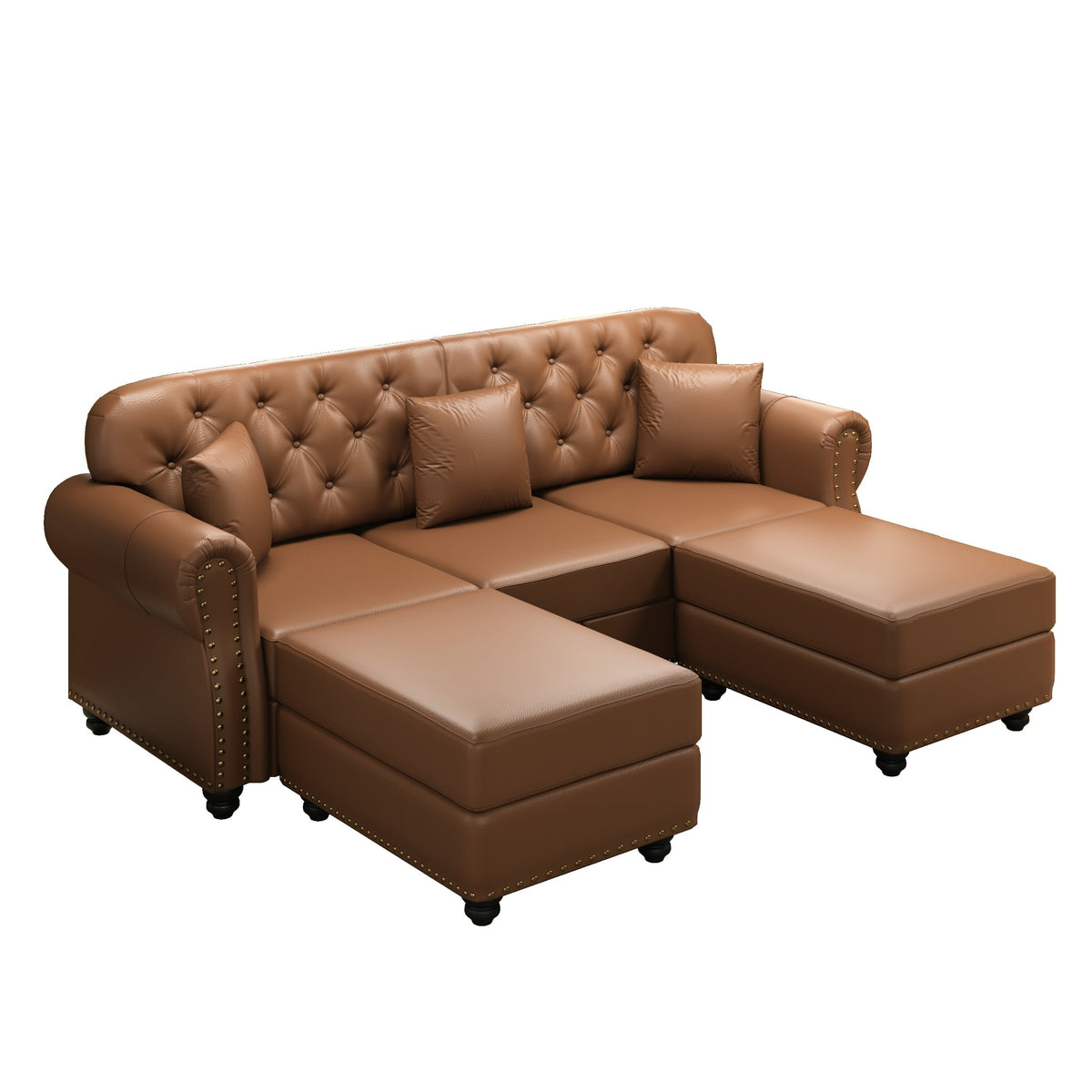 82.6'Upholstered Faux Leather Sofa with Nailhead Trim and Rolled Armrests,Mid-Century Modern Chesterfield Sofa with Button Tufted,Includes 3 Pillows,Black