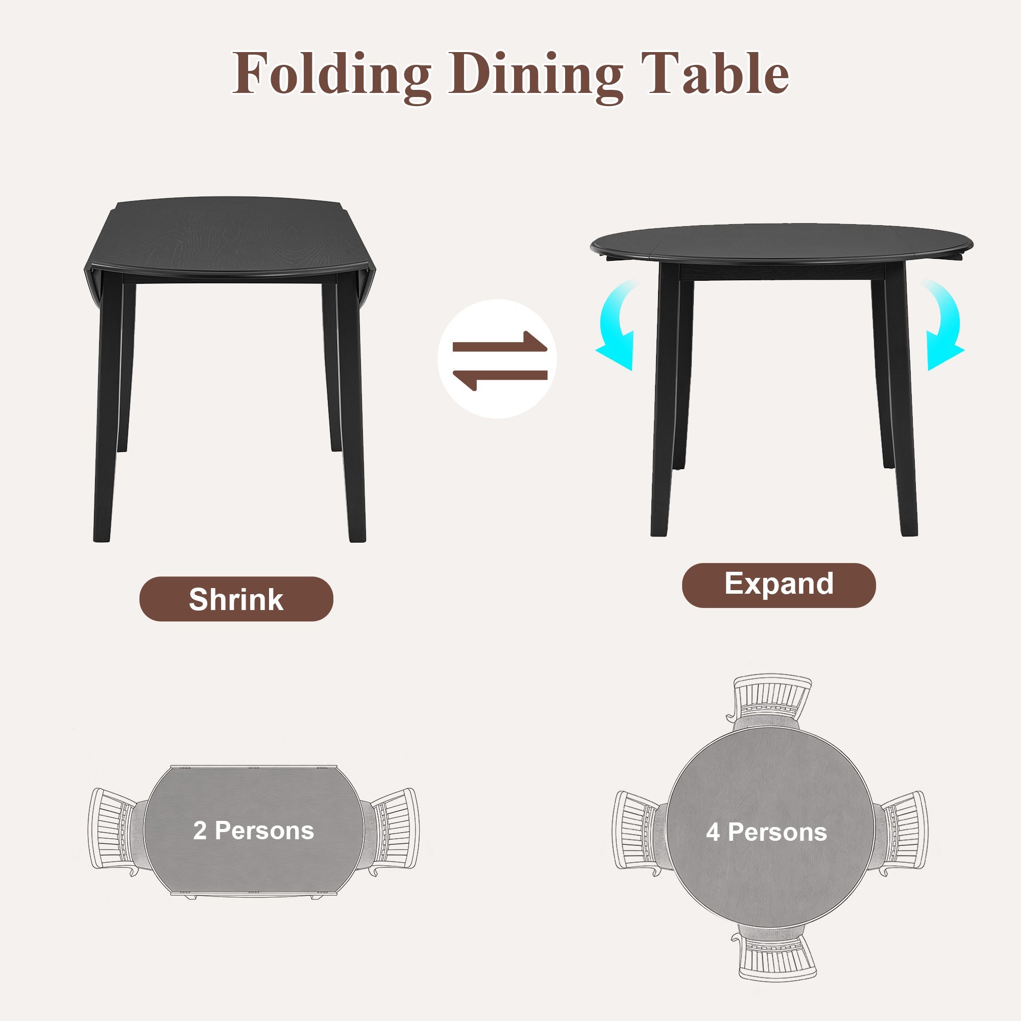 3-Piece Round Dining Table Set for 2 People, 1 Folding Wood Dining Table + 2 Upholstered Chairs, Space-Saving Design for Small Apartments and Dining Areas -LIGHT BROWN