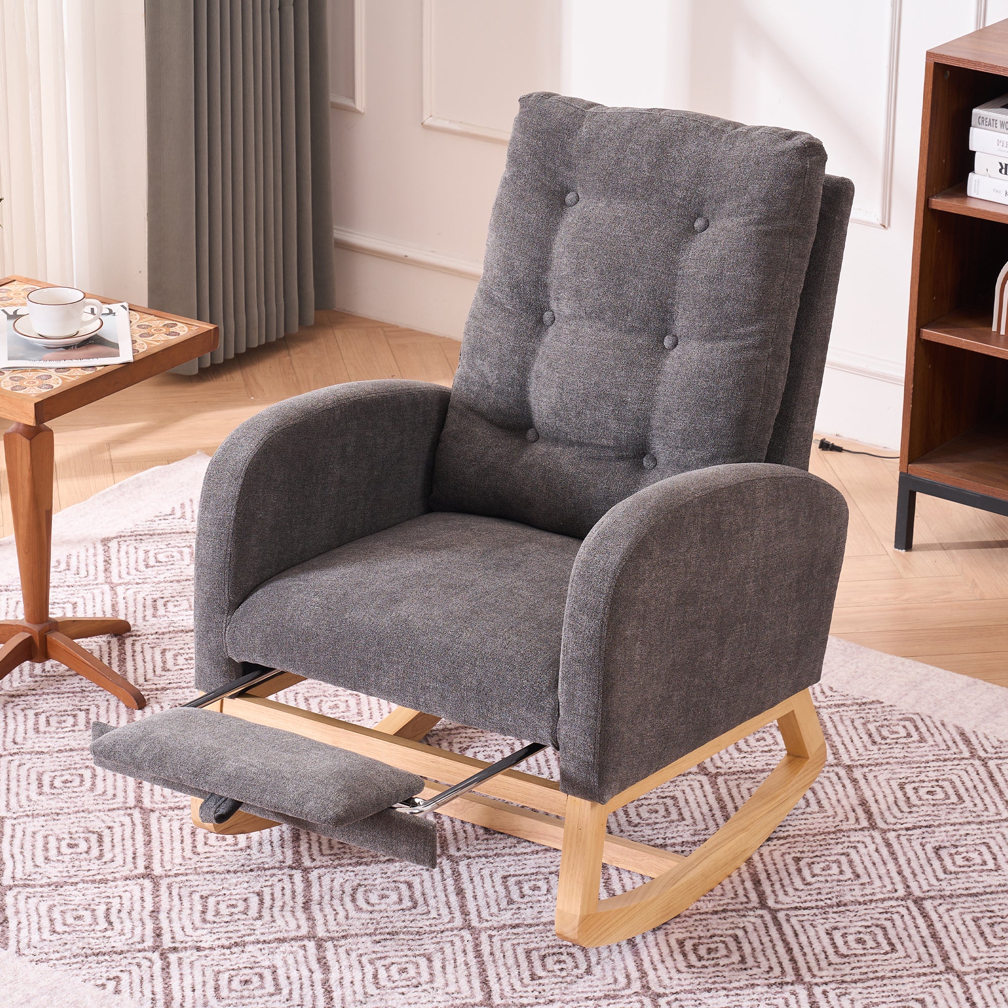 Upholstered rocking chair and footrest set — angle view