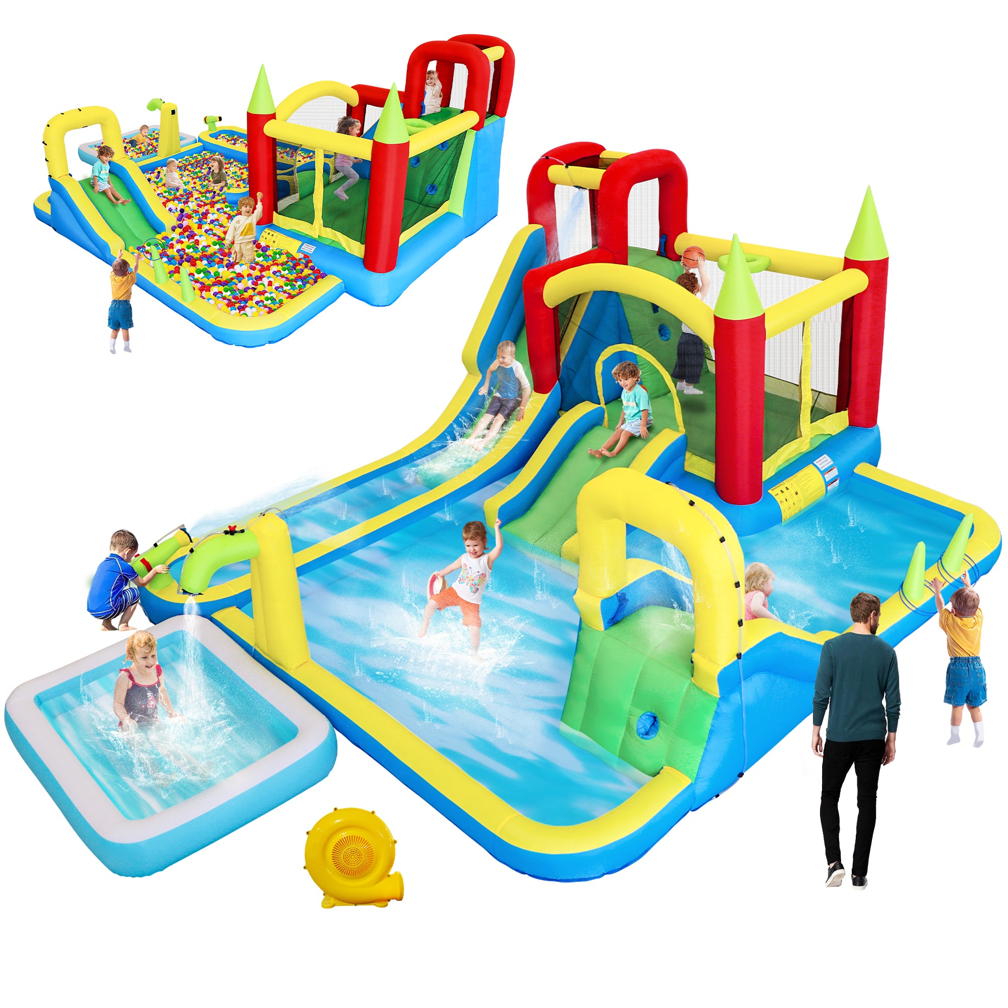 Kids 11-in-1 inflatable water park with slides and pool — front view
