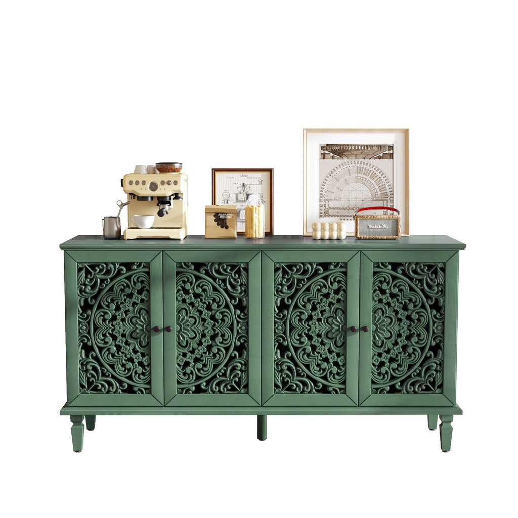 60' Antique Buffet Cabinet with Floral Carvings with Solid Wood Legs&Antique Brass Handles&Adjustable Shelves, TV Stand for 65''+ TV, Sideboard for Living Room,Dining Room (Antique Grey White)