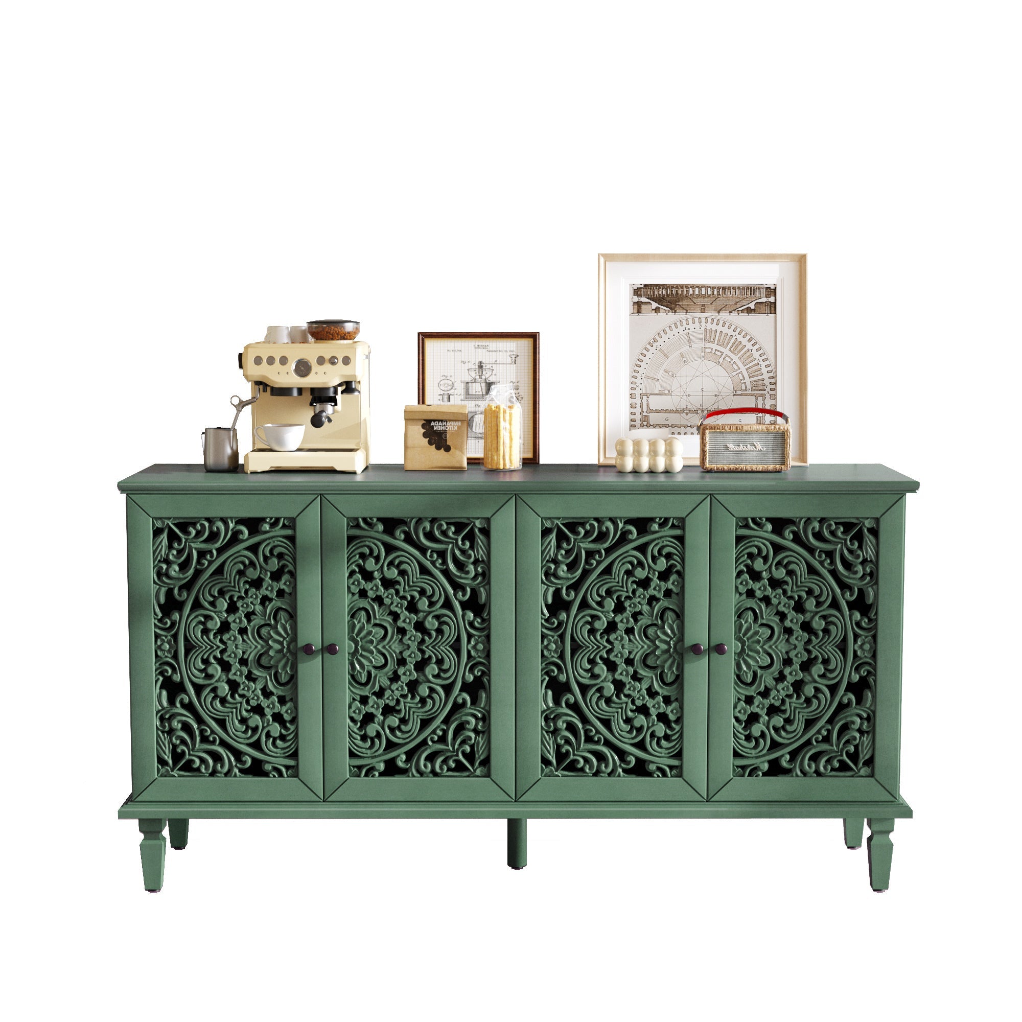 60' Antique Buffet Cabinet with Floral Carvings with Solid Wood Legs&Antique Brass Handles&Adjustable Shelves, TV Stand for 65''+ TV, Sideboard for Living Room,Dining Room (Antique Grey White)