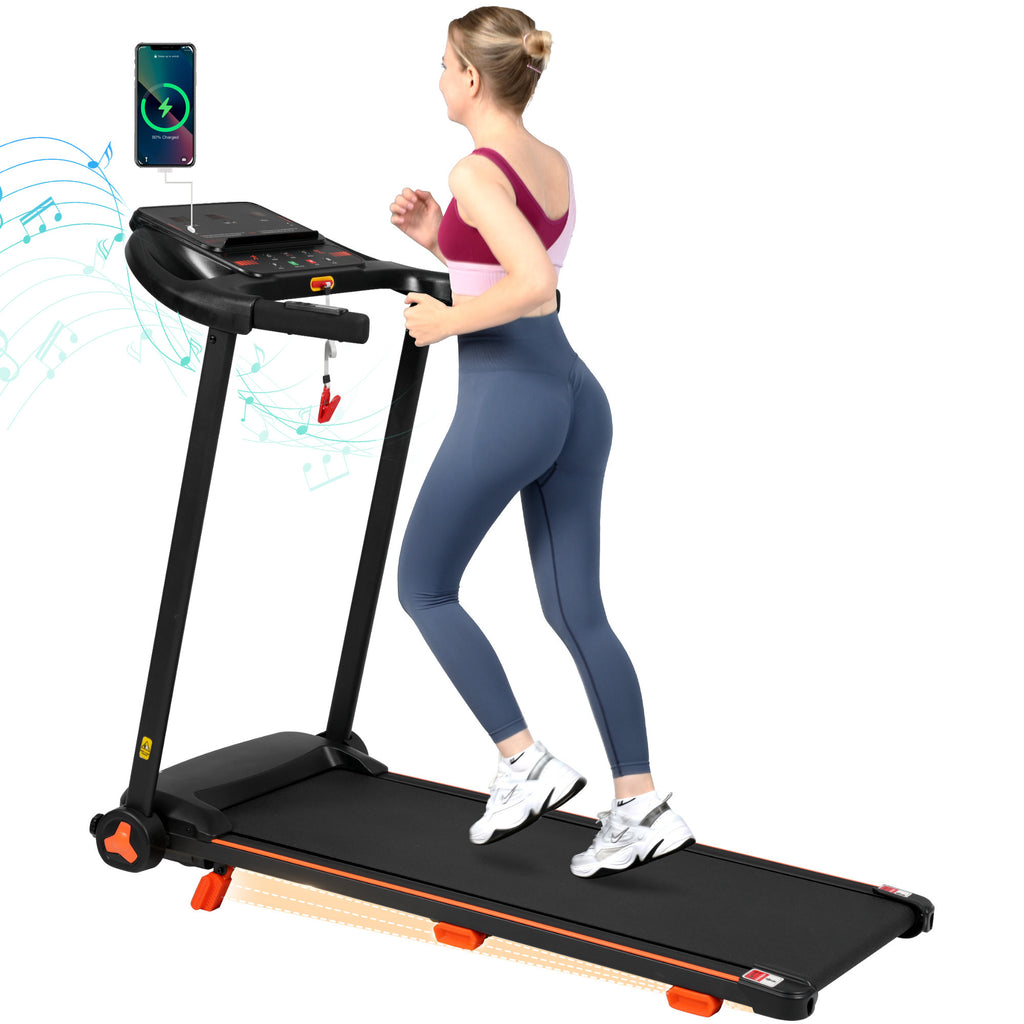 Black folding treadmill angled product view