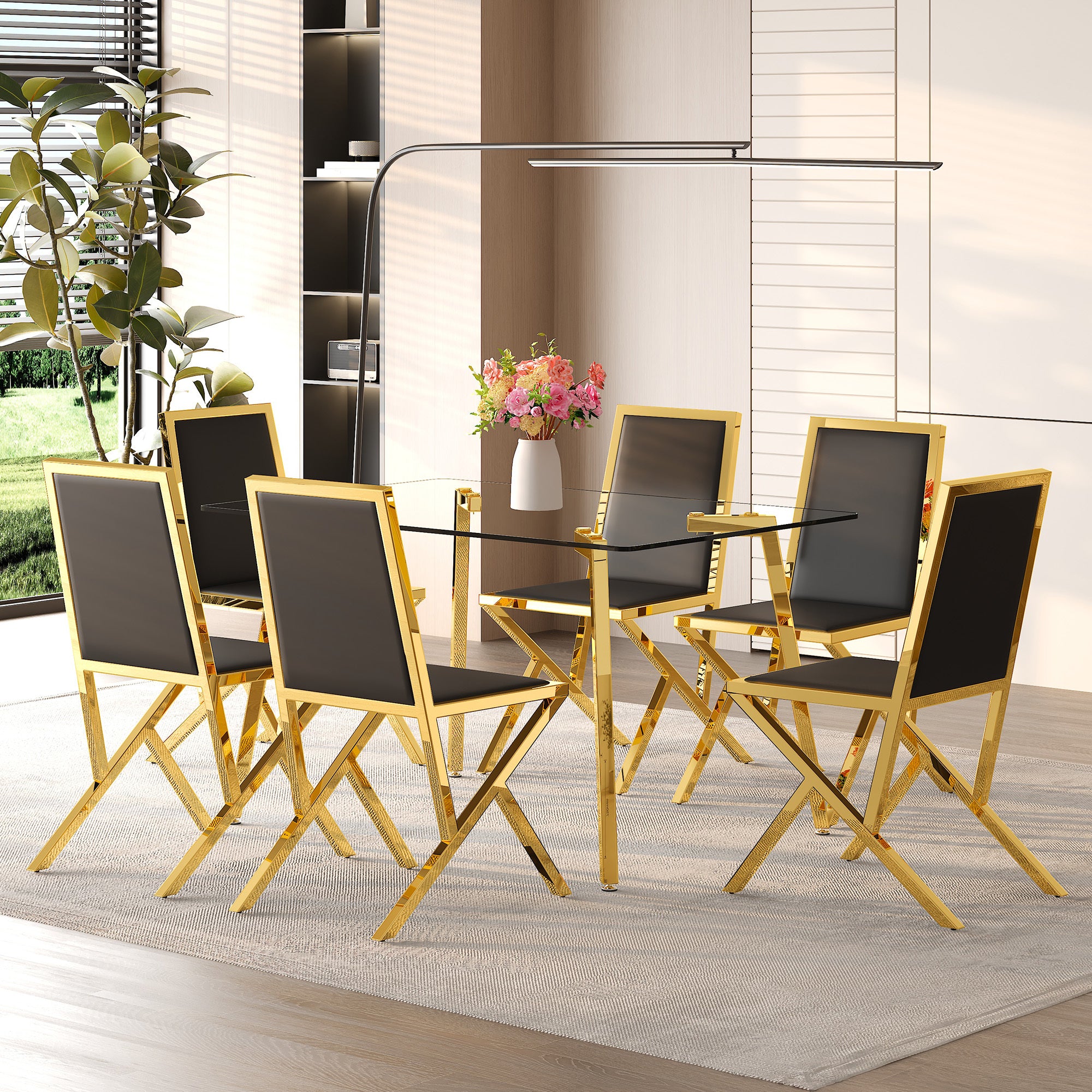 Table and chair set.51 × 31.5-inch tempered glass dining table, paired with a set of 6 Black PU dining chairs. Modern light luxury home restaurant table and chair combination.