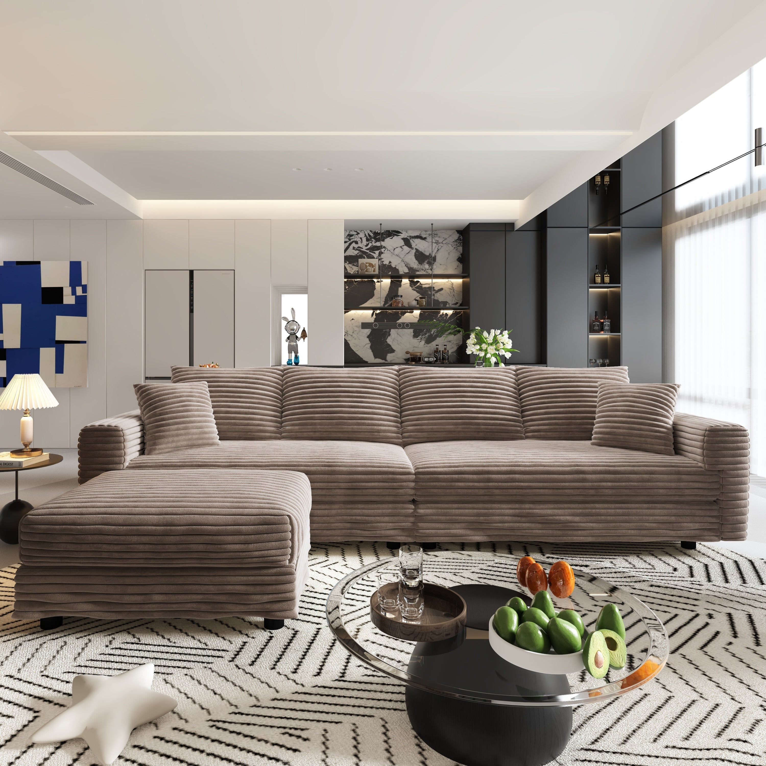 102.4 'Plush Corduroy 4-Seat Sofa,Modern Comfy Upholstered Sofa Cloud Couch,Deep Seat Couches with Soft Pillows and 3 Ottomans,Convertible Sofa Lounge Chair,Black(Old SKU:W1885S00287)
