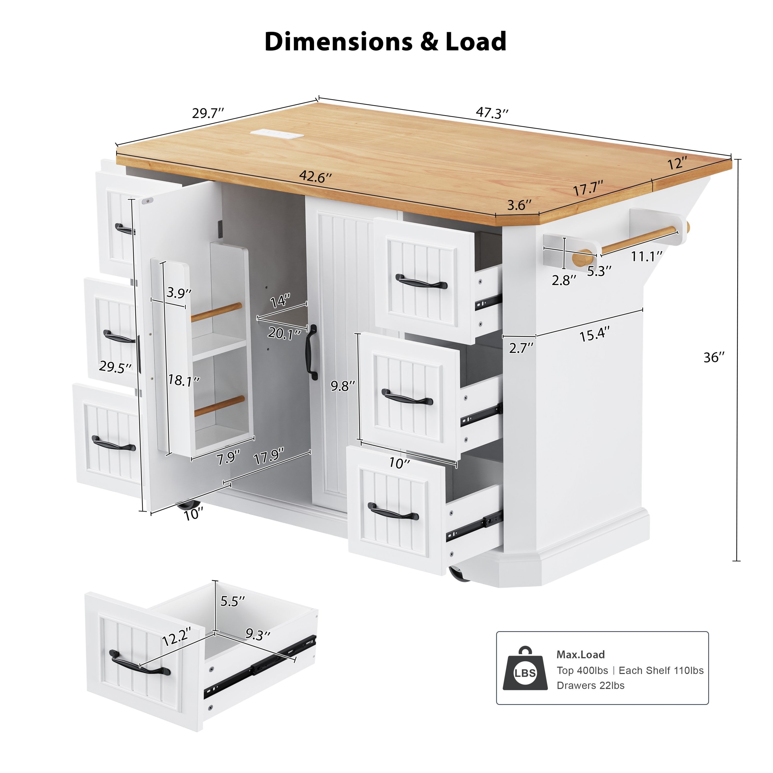 K&K 56 inch Kitchen Island with Rubber Wood Veneer Drop Leaf, Power Outlet, 4 Door Shelves, Embossed Vertical Stripe Rolling Kitchen Cart on 4 Wheels with 6 Deep Drawers for Kitchen, Dining Room,Black
