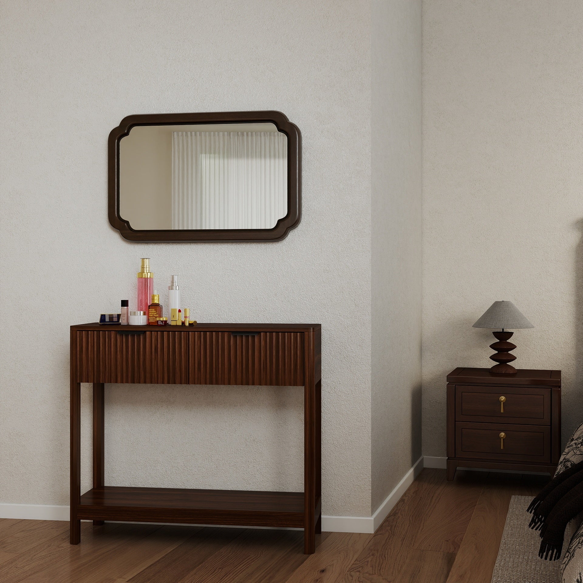 Slim sofa table walnut finish hallway setting