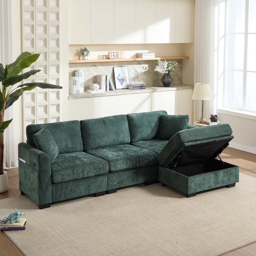 Modern Storage Sofa with Dual USB, 2 Side Pockets,Ottoman Storage Bench Cloud Sectional Chenille Sofa Oversized,4-Seat, L-Shaped Couch,Black