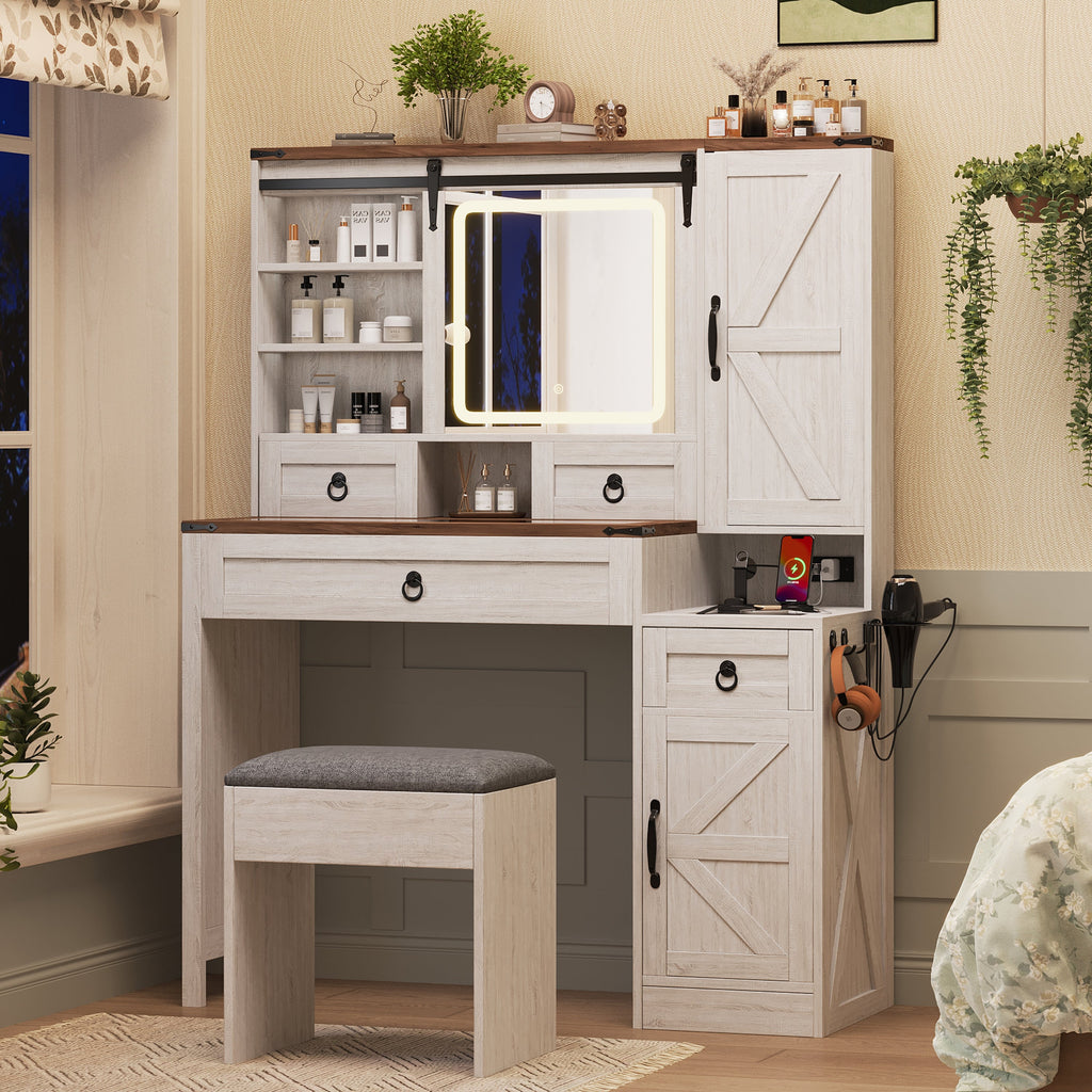 Farmhouse Vanity Desk with Sliding Mirror and Lights, Vanity Set with Glass Top and Charging Station ,Dressing Table with 4 Drawers and 2 Cabinets, Dressing Table with Stool for Bedroom, Gray