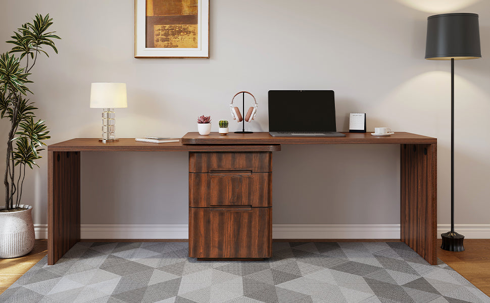 Walnut L-shaped desk drawer pull and handle detail