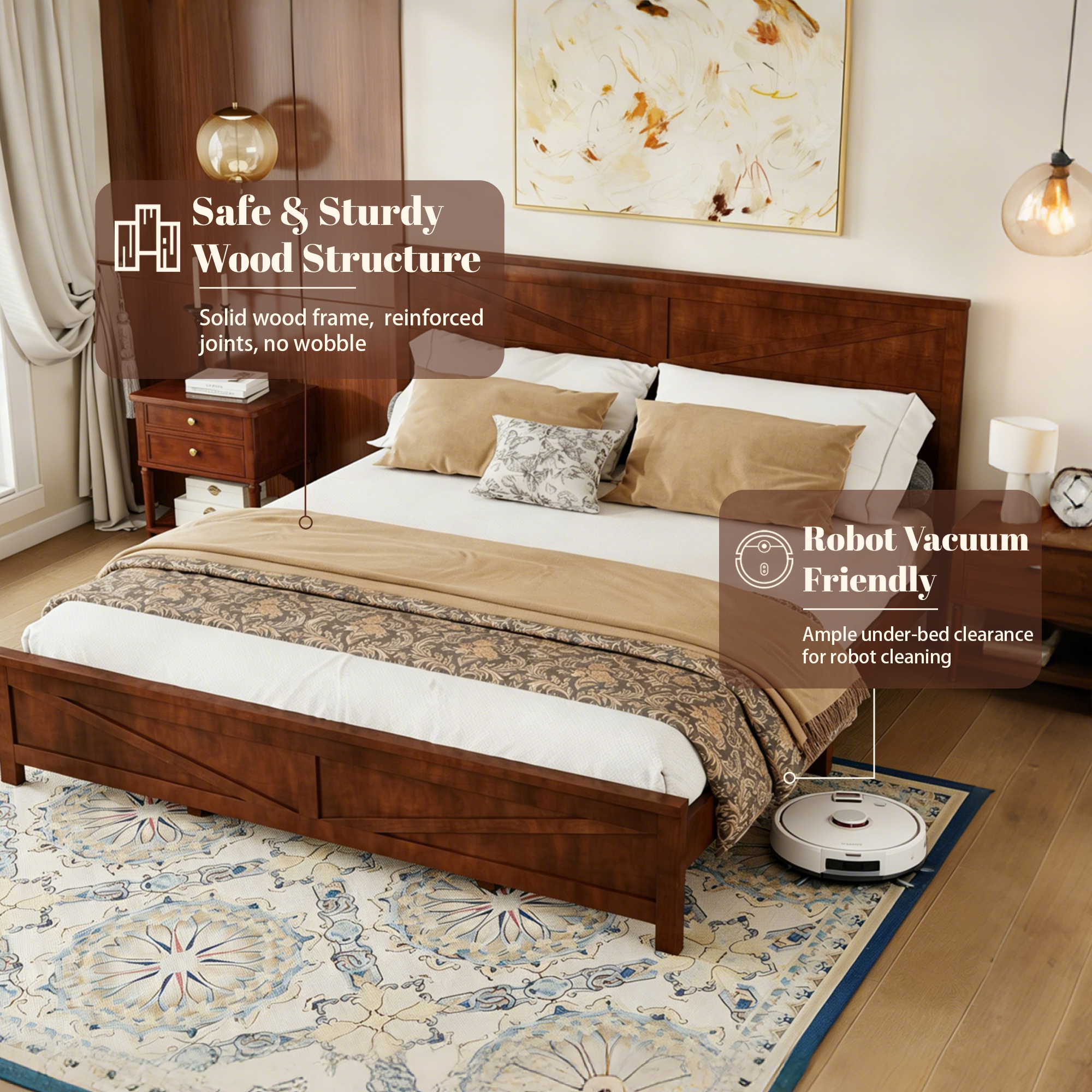 Farmhouse Style King Size Bed with Barn Door Designed Headboard and Footboard, Pinewood Bed with Strengthened Bed Frame,White