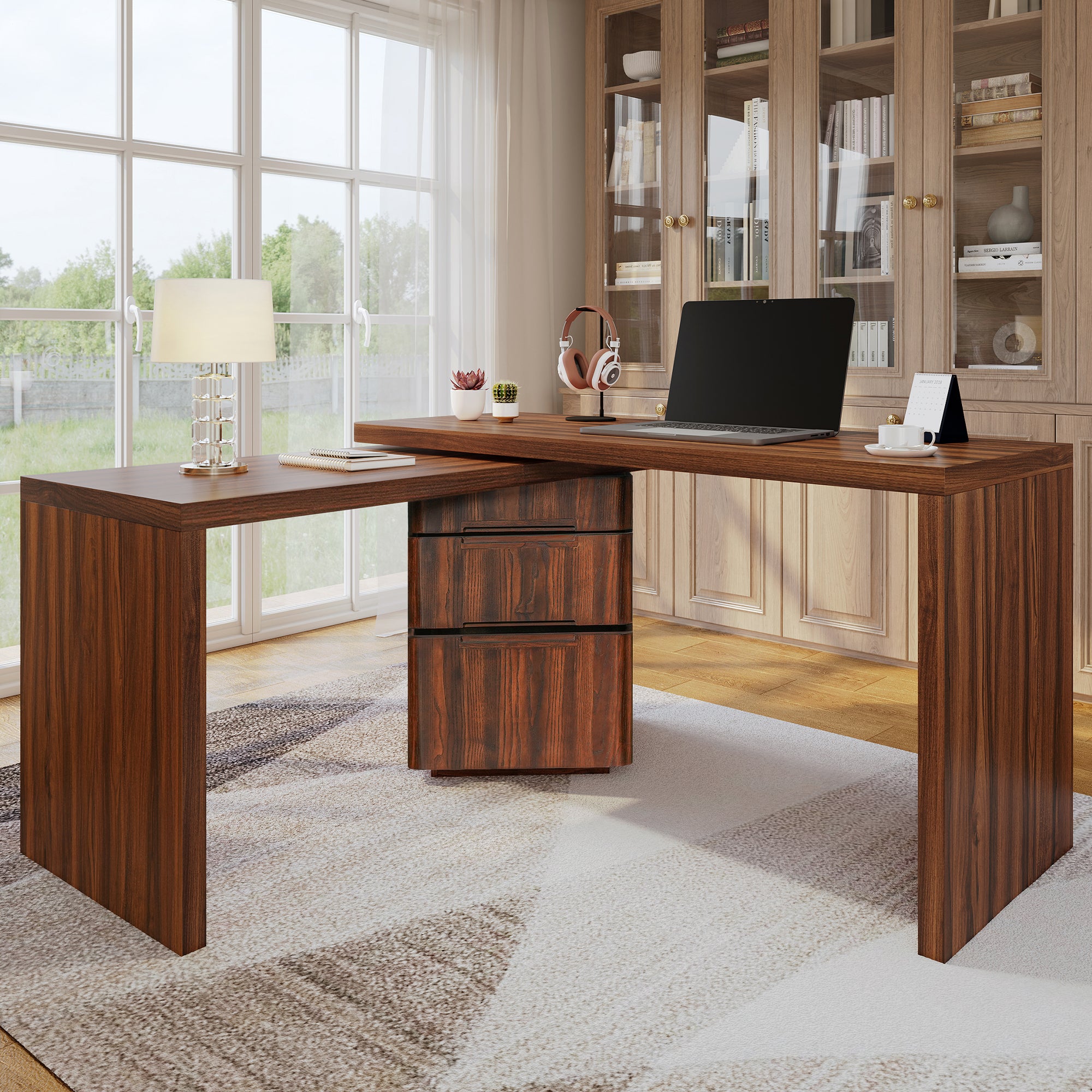 90-inch walnut L-shaped desk with 3 drawers — angle view