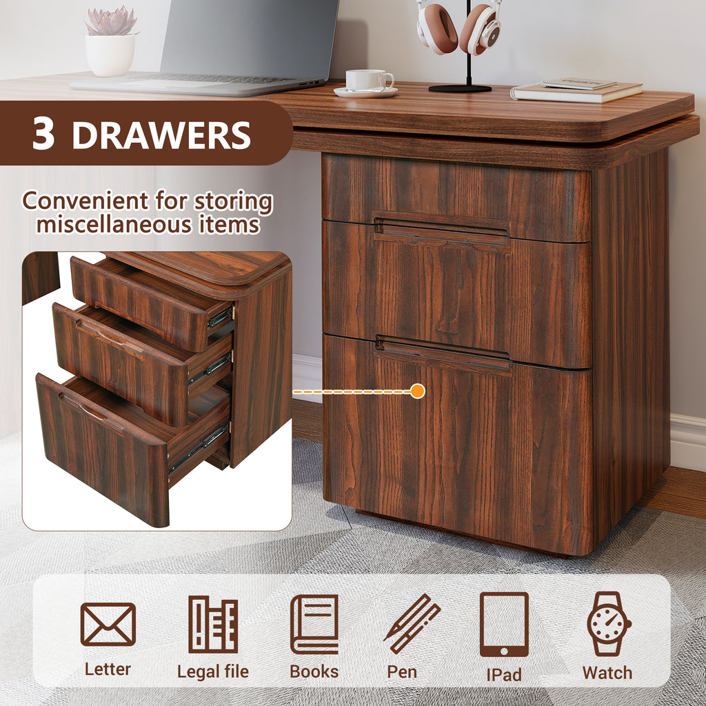 Walnut L-shaped desk with 3 drawers in home office setting