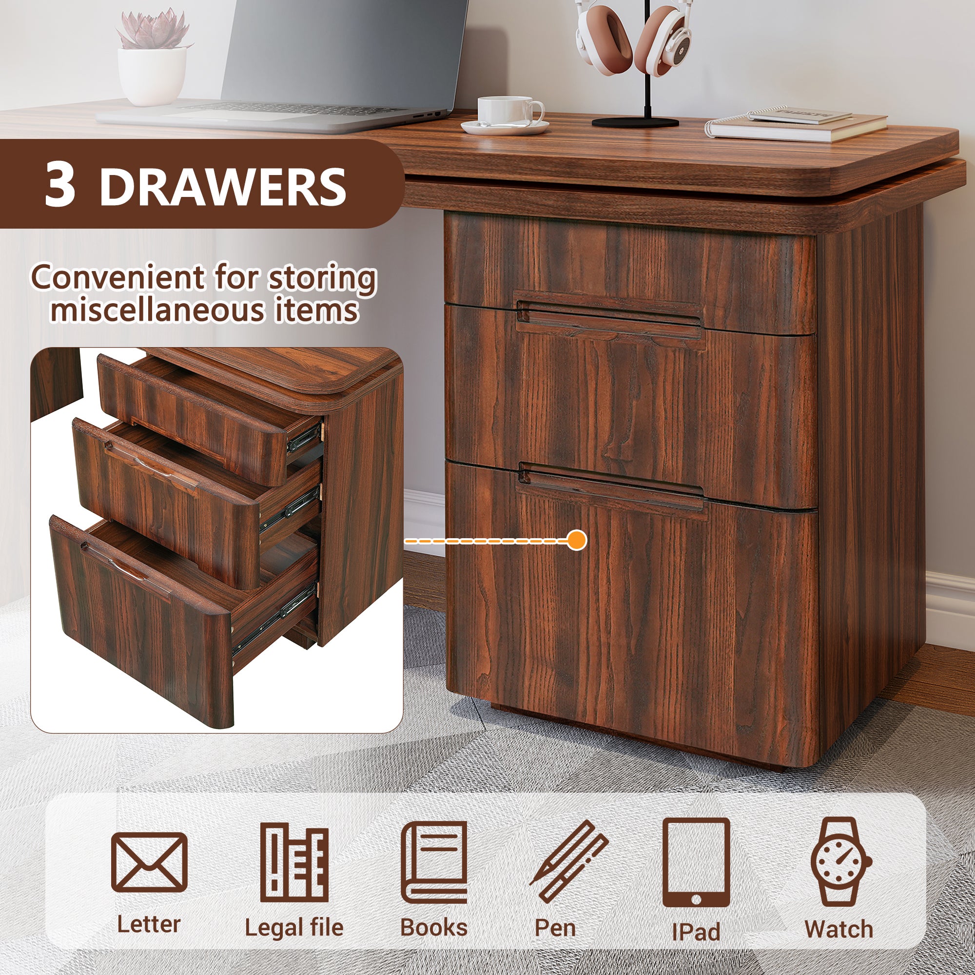 Walnut L-shaped desk with 3 drawers in home office setting