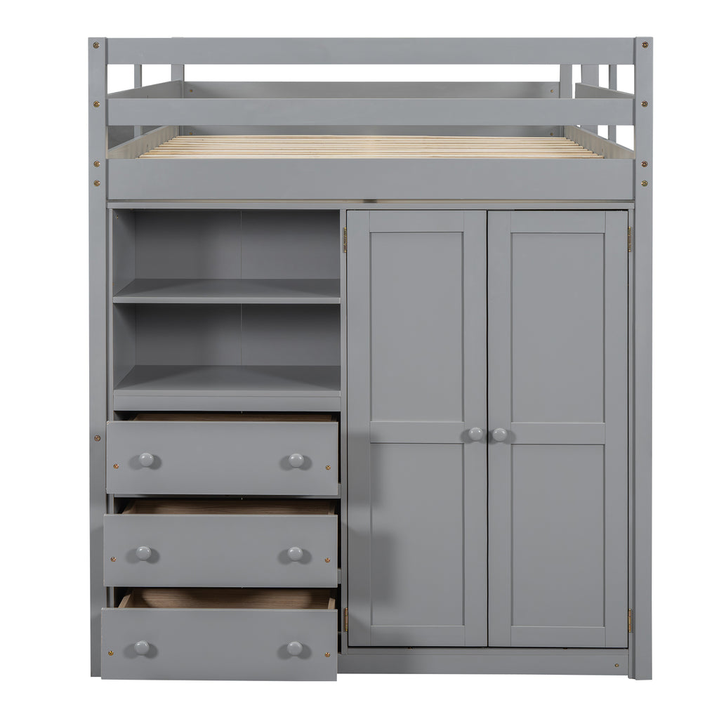 Full size loft bed with wardrobe desk and drawers — profile view