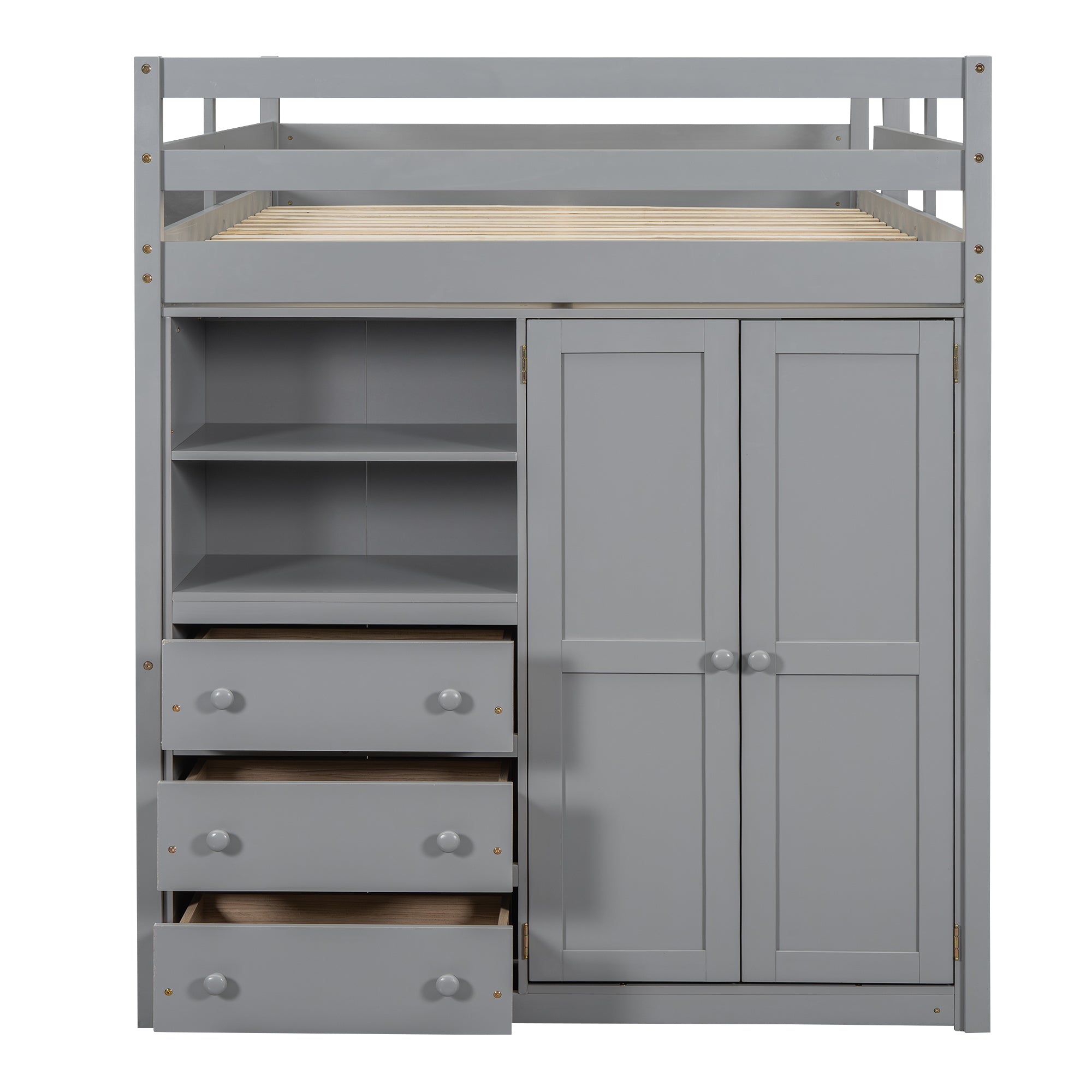 Full size loft bed with wardrobe desk and drawers — profile view