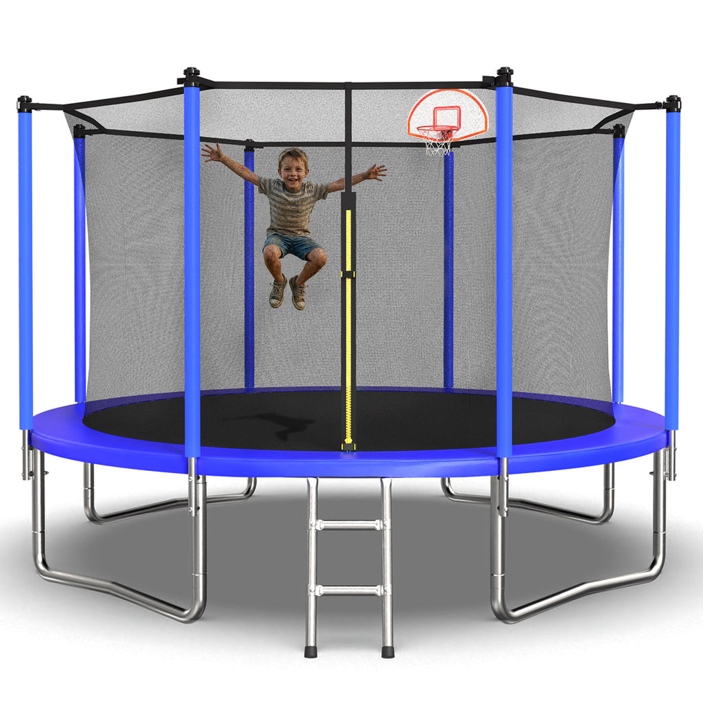 Blue 12-foot trampoline W-shaped leg frame detail