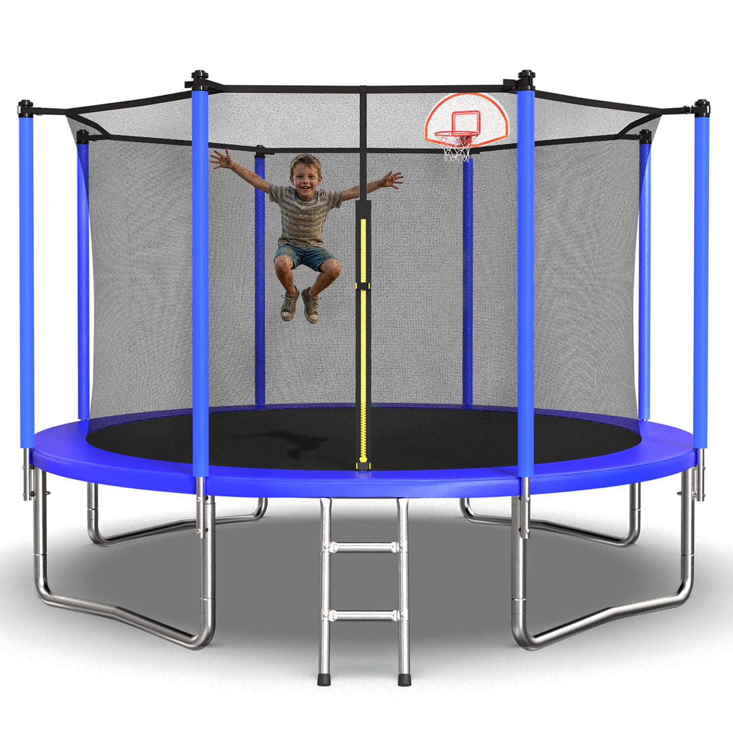 Blue 12-foot trampoline W-shaped leg frame detail