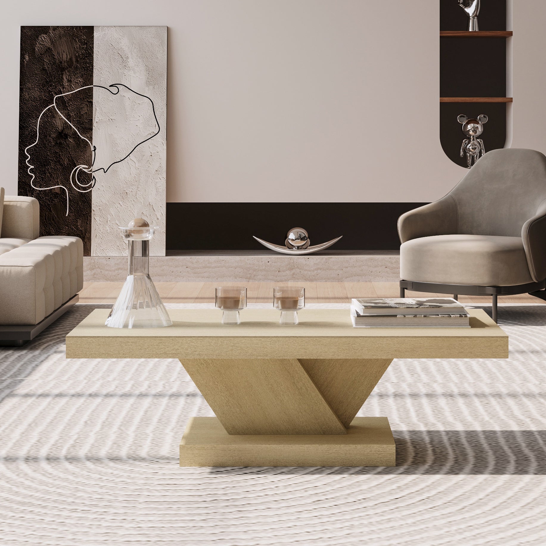 X-shaped cross leg coffee table oak wash finish overview