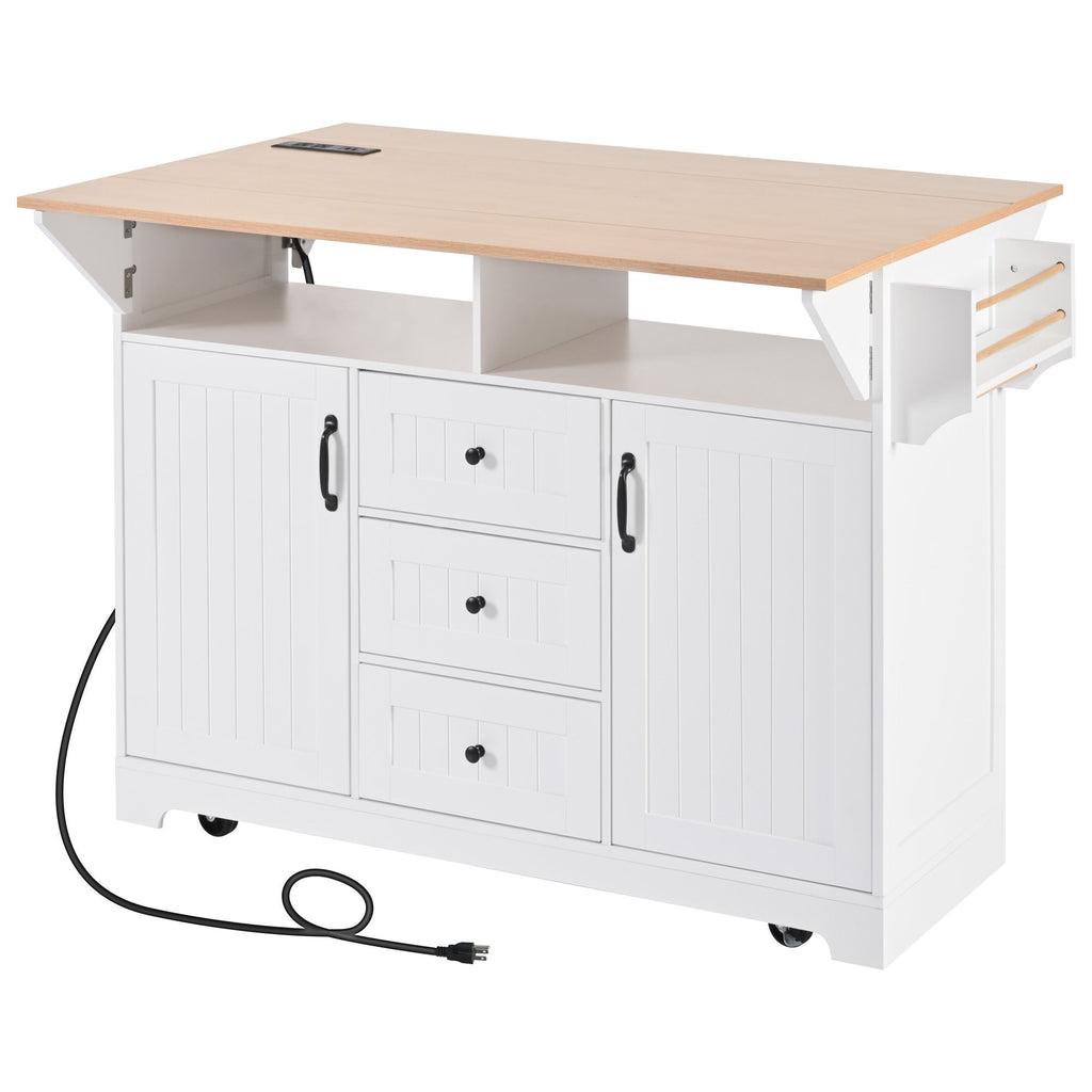 K&K 55.7'' Large Kitchen Island with 2 Drop Leaf,, Rolling Kitchen Cart on 5 Wheels with Power Outlet, Folding Storage Dining Table with Spice & Towel Rack , 3 Drawers, for Kitchen, Dining Room,Black