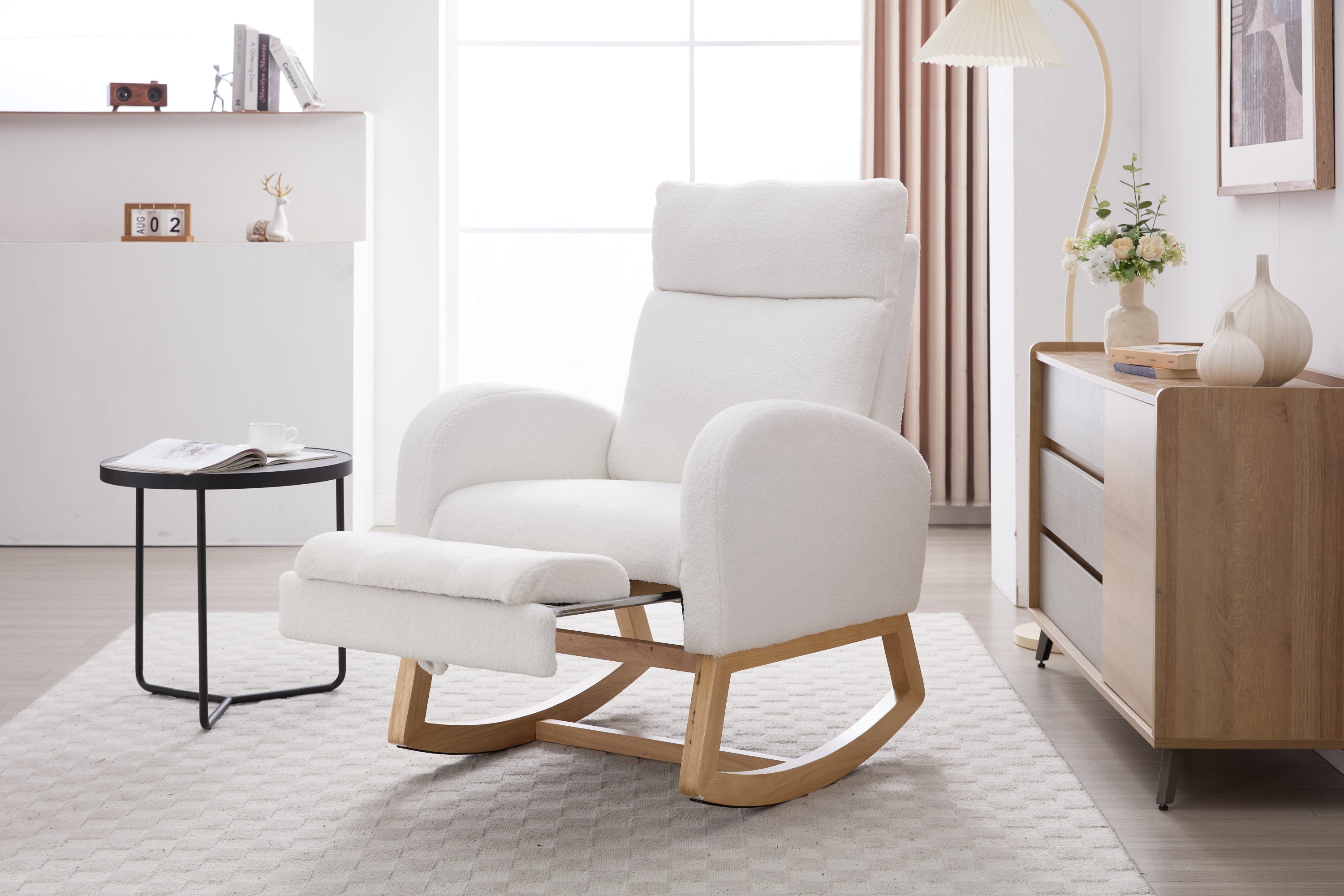 White teddy fabric rocker in bedroom setting