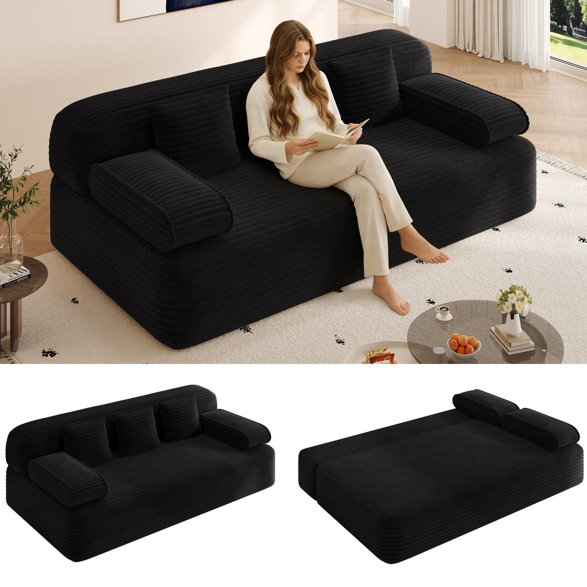 78.7' Frameless Sofa,2-in-1 Convertible Sofa Bed with 3 Pillows – Plush Corduroy Fabric, Multi-Functional 3-Seater Couch for Small Spaces, Apartments and Bedrooms,Beige