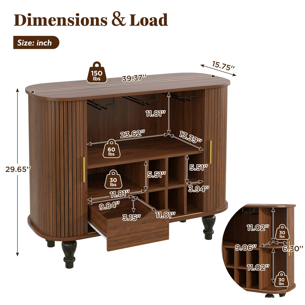 39' Fluted Liquor & Coffee Bar Cabinet with 6 Wine Racks and 3 Glass Holders, Mid-Century Modern Bar Cabinet with A Large Storage Drawer ,4 Hidden Storage Space on the Side , Black