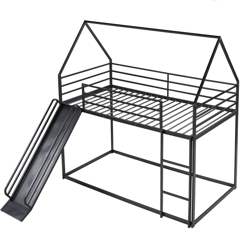 Twin-over-Twin House Bunk Bed with Slide & Ladder — Metal Frame