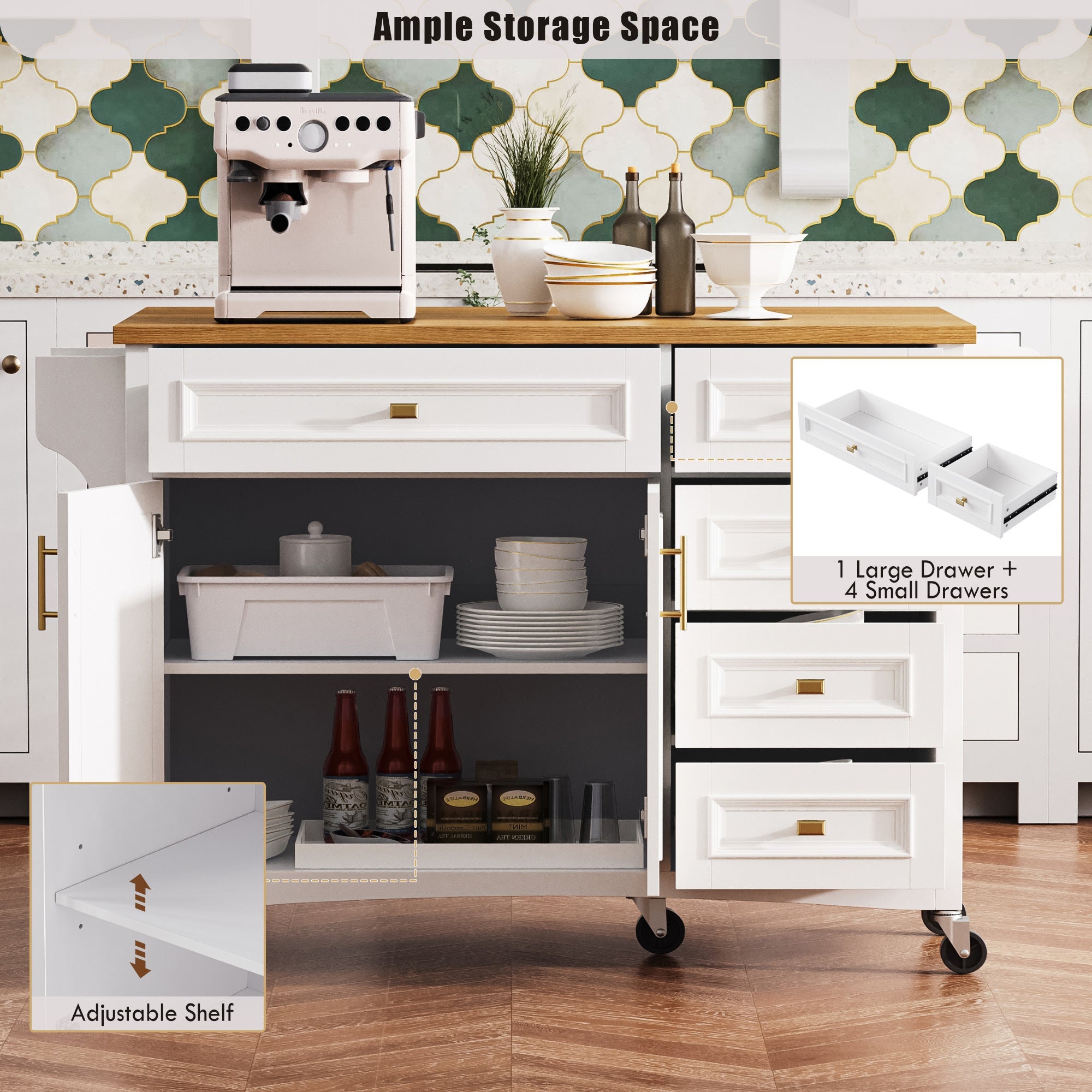 K&K 52'' Kitchen Island with Drop Leaf, Embossed Texture Kitchen Island on Wheels with Spice Rack, Towel Rack, 2 Doors and 5 Drawers, Kitchen Storage Cart with Adjustable Shelf for Kitchen, Blue Grey