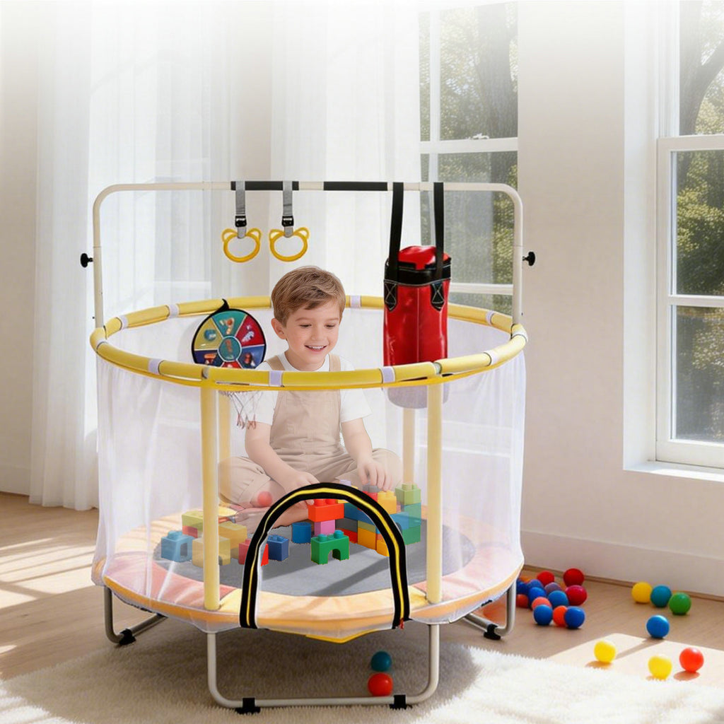 Orange-yellow 54-inch kids trampoline with safety net — front view