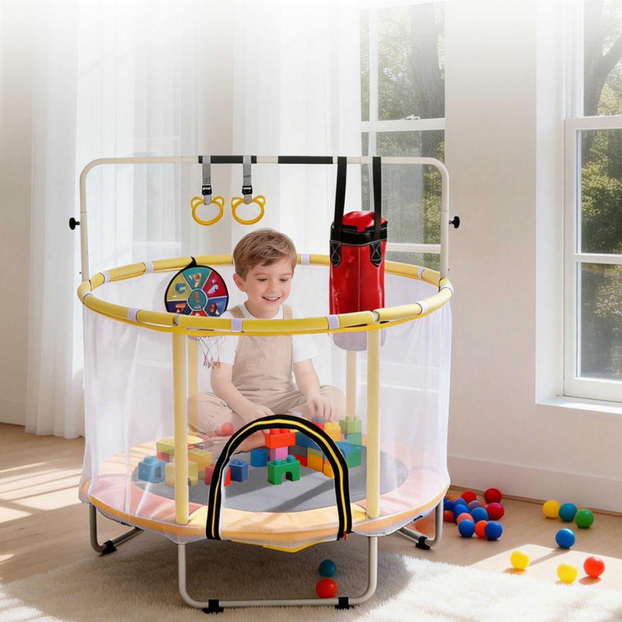 Orange-yellow 54-inch kids trampoline with safety net — front view