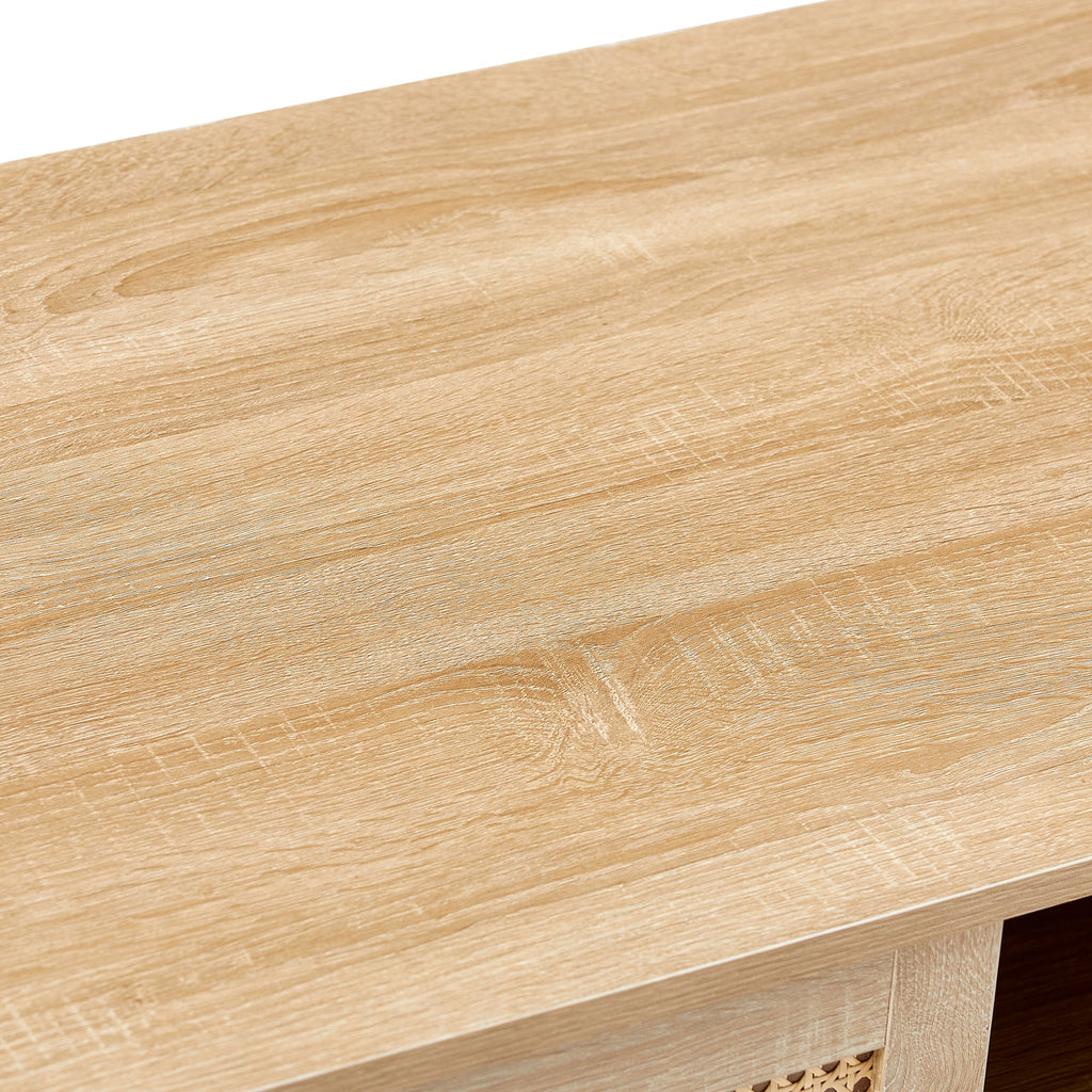 Rattan Coffee Table — Sliding Door Storage & Solid Wood Legs
