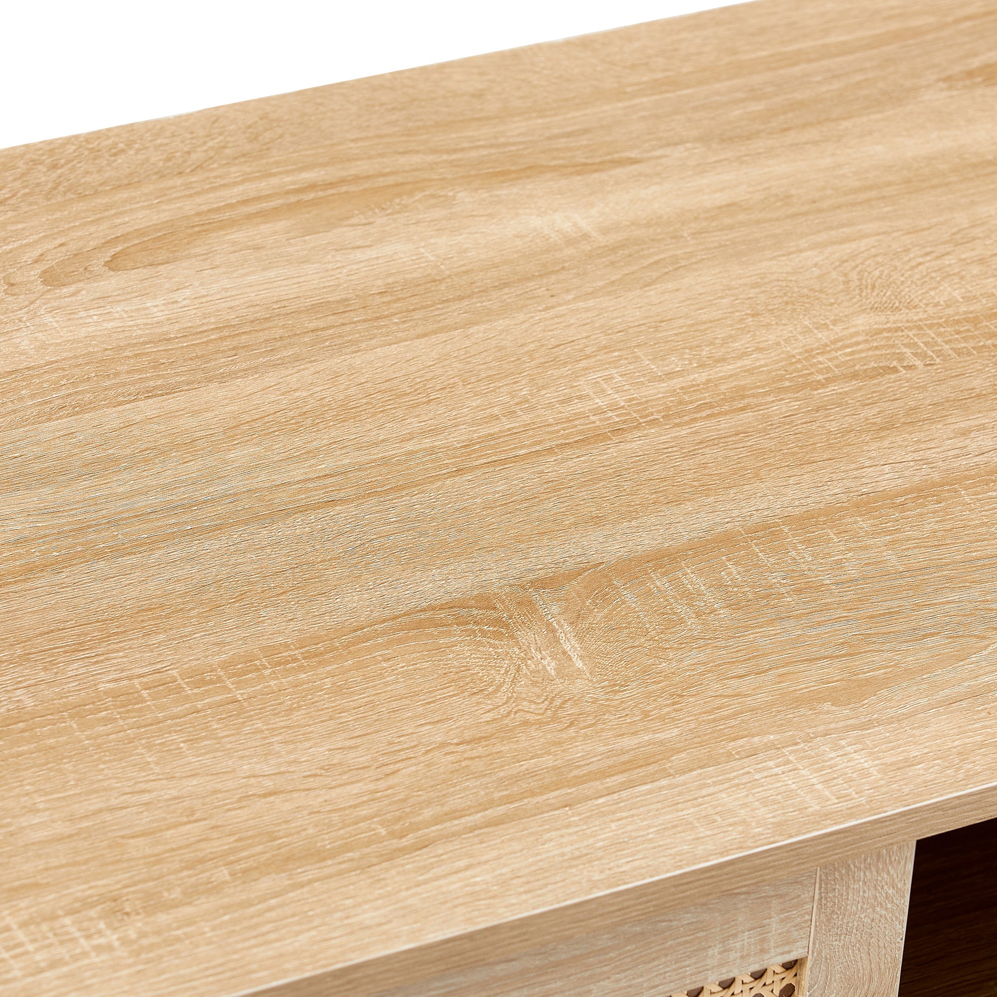 Rattan Coffee Table — Sliding Door Storage & Solid Wood Legs