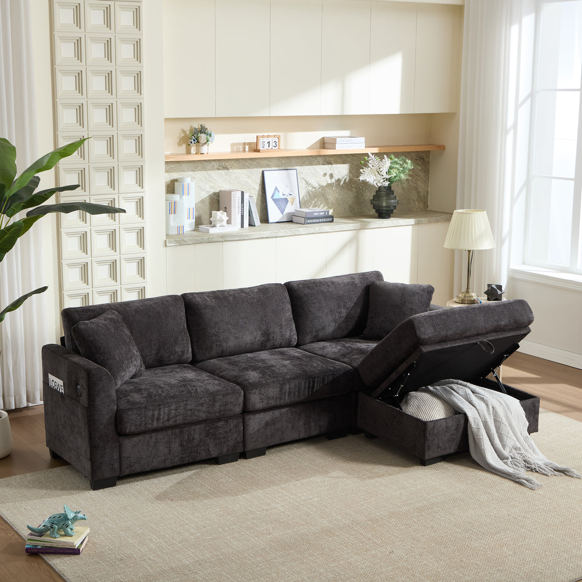Modern Storage Sofa with Dual USB, 2 Side Pockets,Ottoman Storage Bench Cloud Sectional Chenille Sofa Oversized,4-Seat, L-Shaped Couch,Black