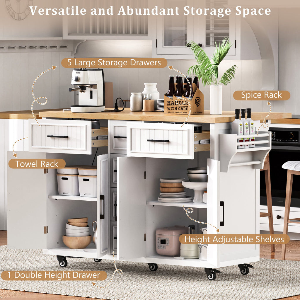 K&K 56.5'' Kitchen Island with Drop Leaf, Power Outlet, Embossed Vertical Stripe Rolling Kitchen Cart on Wheels with 4 Doors , 5 Deep Drawers and Adjustable Shelves, for Kitchen, Dining Room, Black