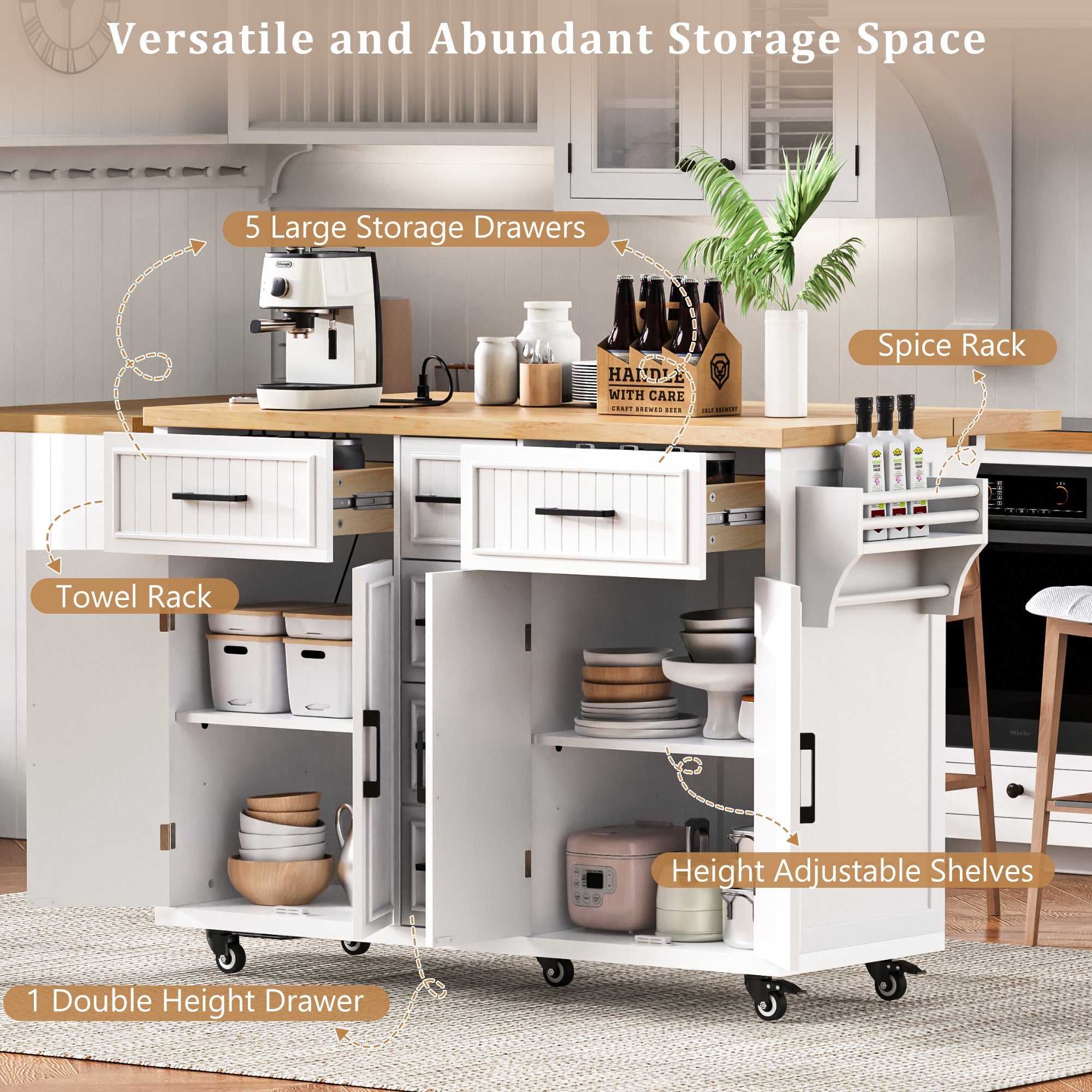 K&K 56.5'' Kitchen Island with Drop Leaf, Power Outlet, Embossed Vertical Stripe Rolling Kitchen Cart on Wheels with 4 Doors , 5 Deep Drawers and Adjustable Shelves, for Kitchen, Dining Room, Black