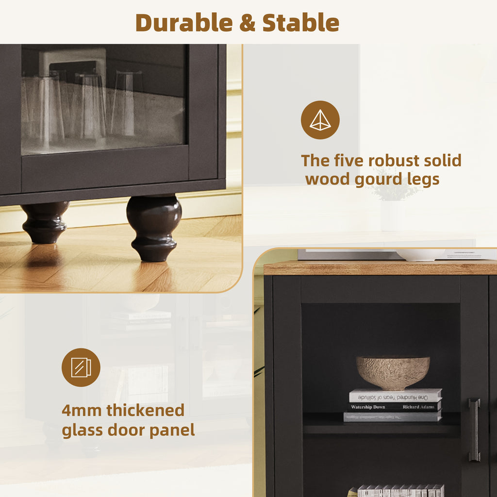 Farmhouse TV console open shelf and desktop storage view