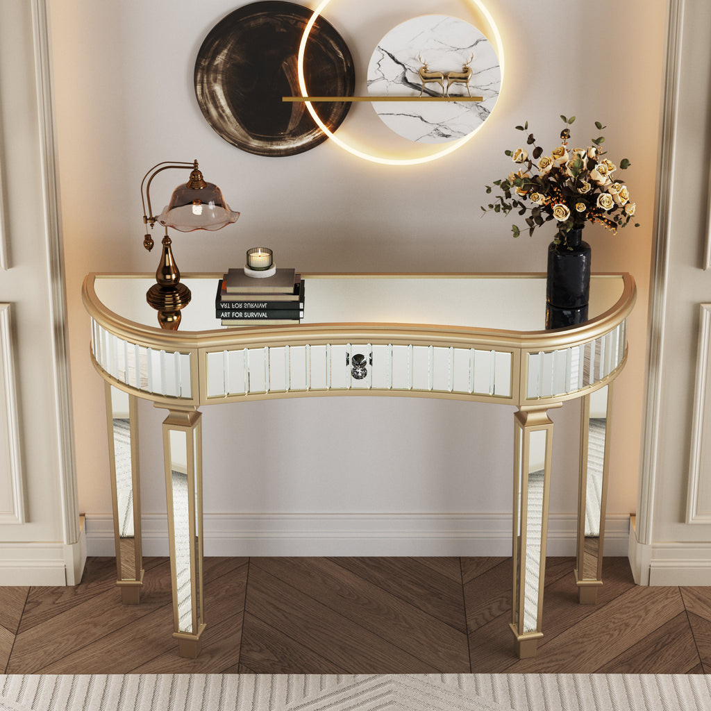 Fluted vertical mirrored glass panels on half-moon table