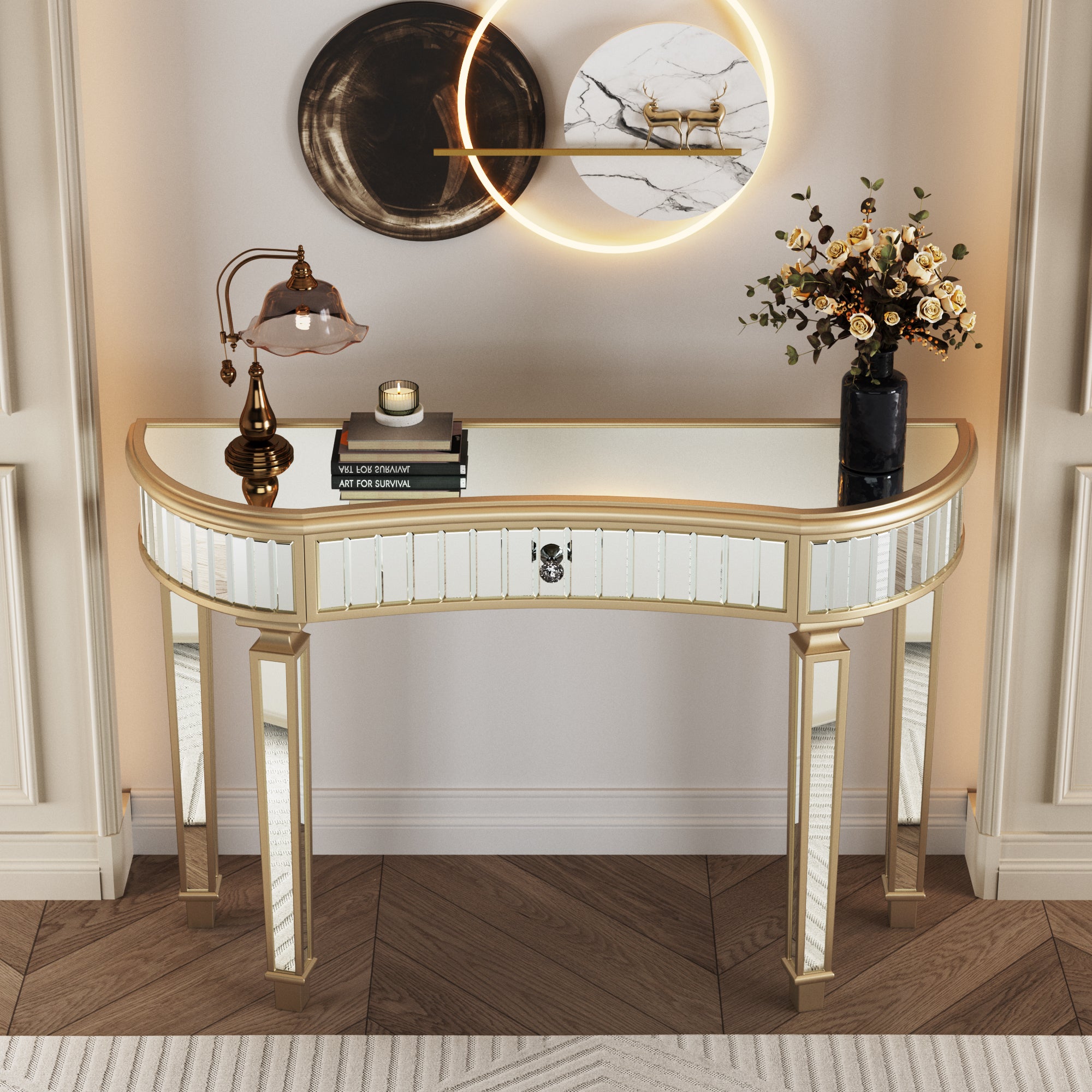 Fluted vertical mirrored glass panels on half-moon table