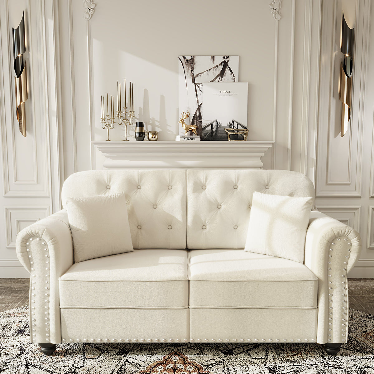 63'Upholstered Velvet Sofa with Nailhead Trim and Rolled Armrests,Mid-Century Modern Chesterfield Sofa with Button Tufted,Includes 2 Pillows,Beige/White