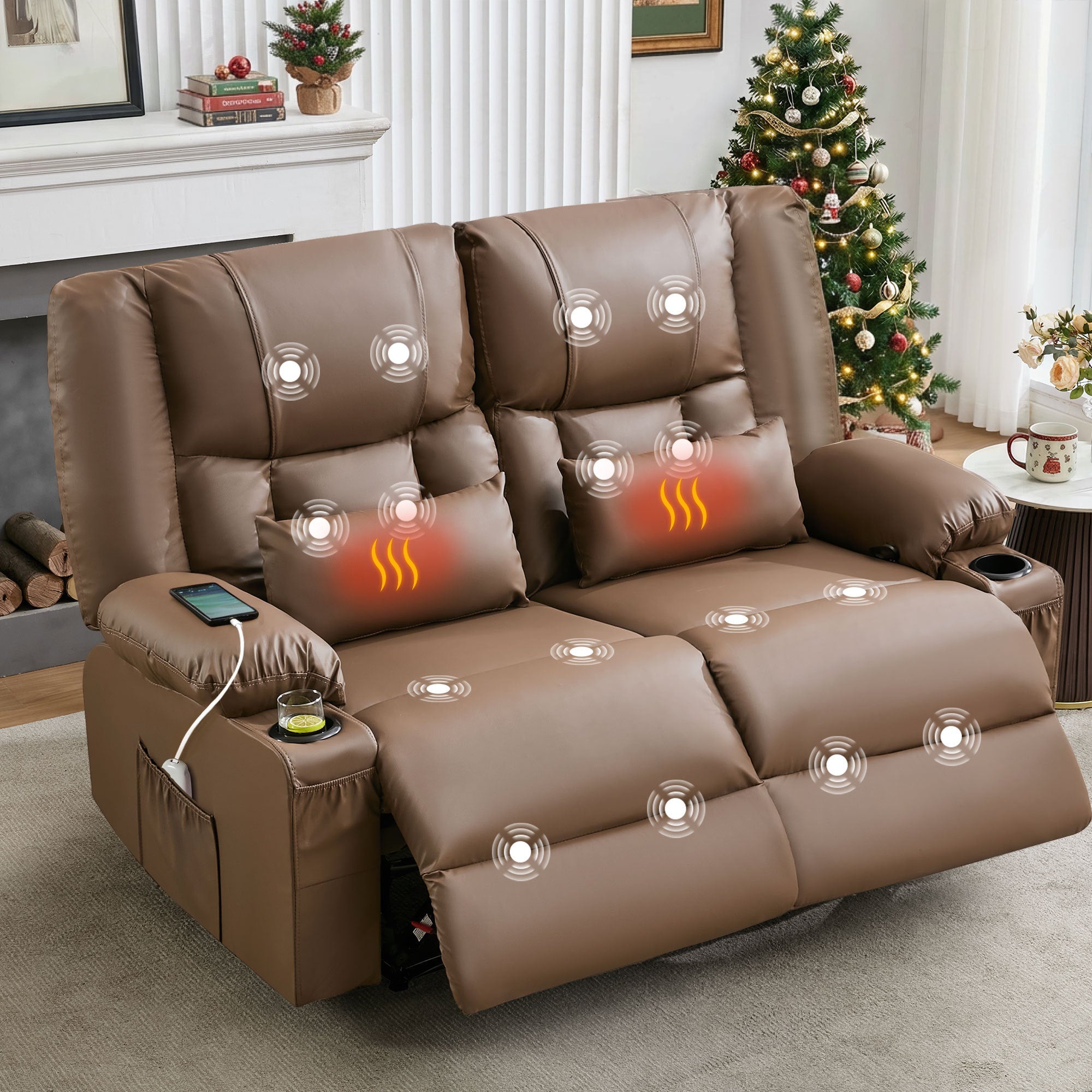 Recliner Loveseat with Massage and Heating for Living Room,Love Seat Manual Oversized Recliner with Cup Holders,Side Pocket for Adult,BLACK