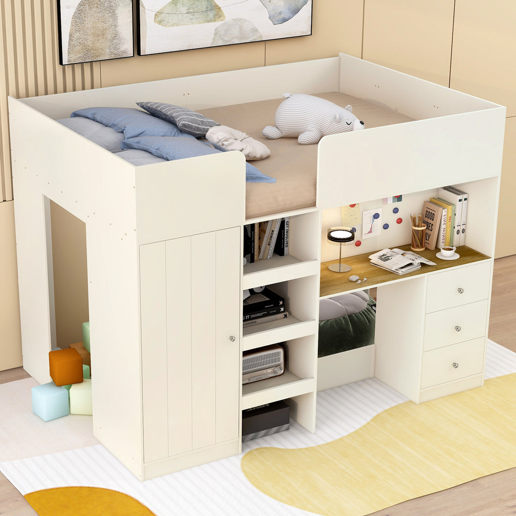 Full size loft bed in beige pine wood — angle view