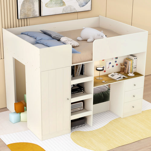 Full size loft bed in beige pine wood — angle view