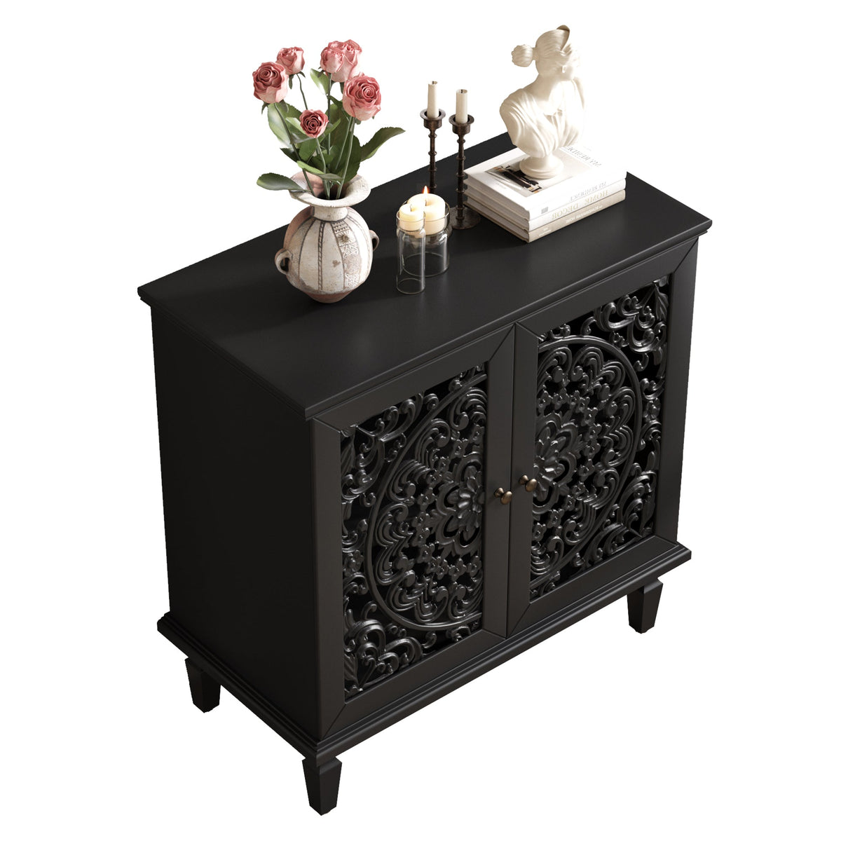 Vintage Hollow-Carved Accent Cabinet, 2-Door Display Storage Sideboard with Symmetrical Floral Design, Adjustable Shelf and Solid Wood Legs for Living Room Entryway(Antique Green)